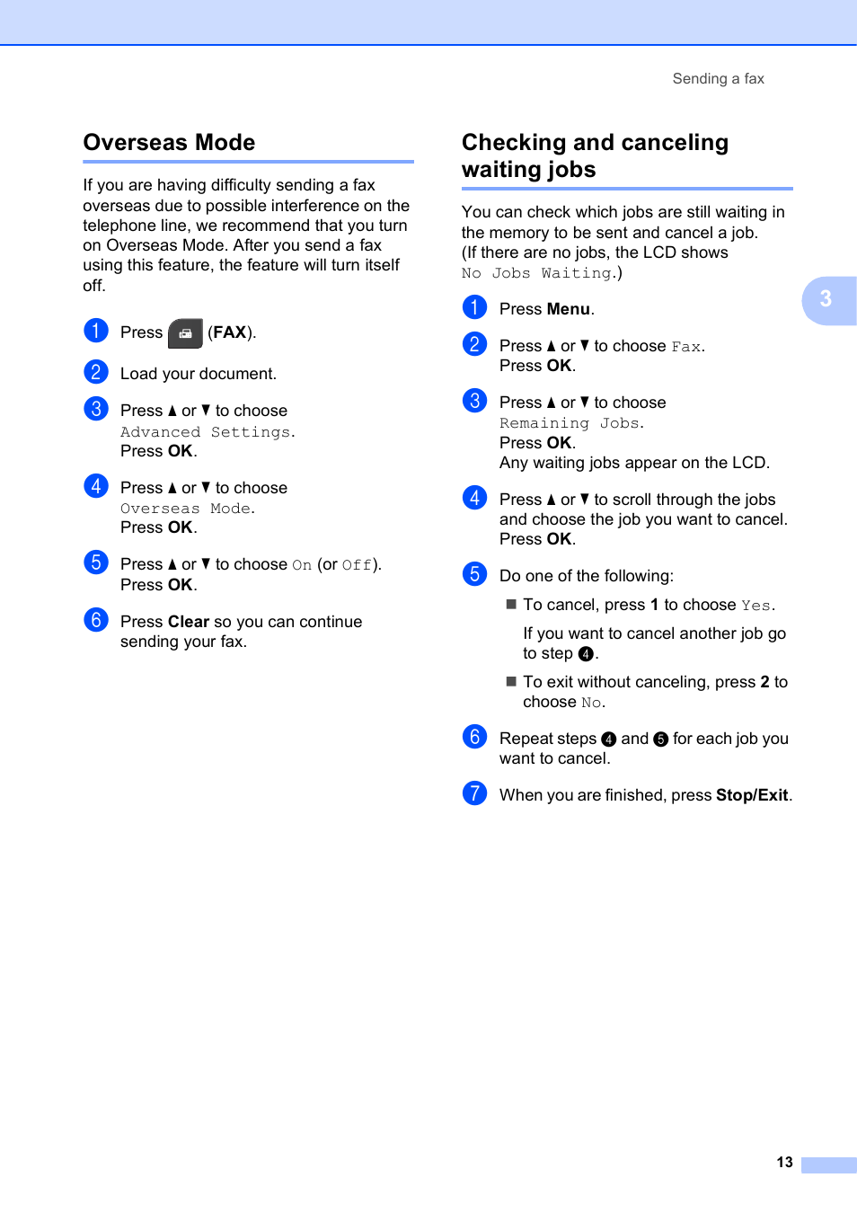 Overseas mode, Checking and canceling waiting jobs, Overseas mode checking and canceling waiting jobs | 3overseas mode | Brother MFC-J435W User Manual | Page 17 / 47