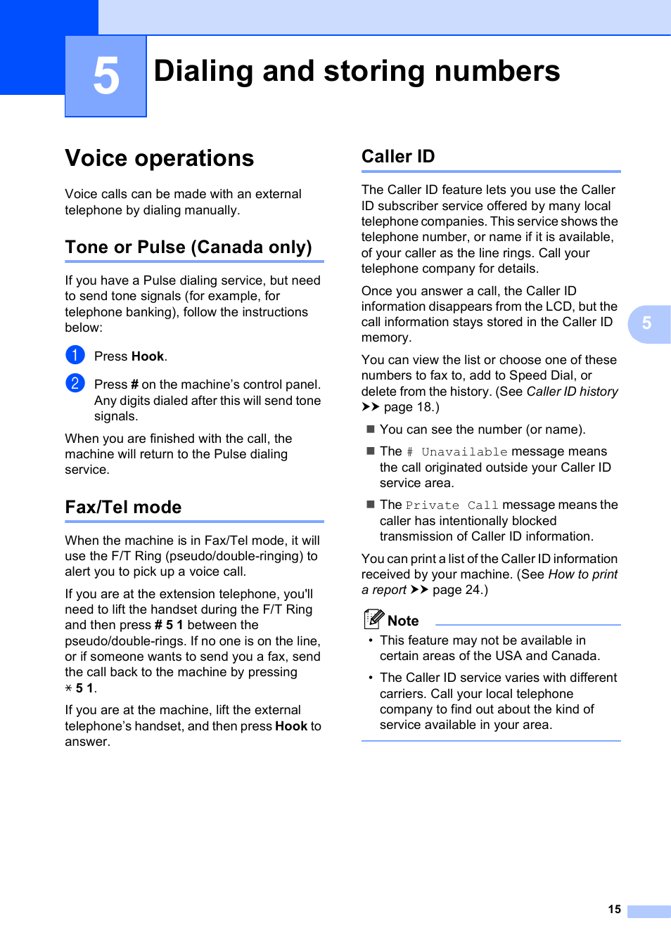 5 dialing and storing numbers, Voice operations, Tone or pulse (canada only) | Fax/tel mode, Caller id, Dialing and storing numbers, Tone or pulse (canada only) fax/tel mode caller id | Brother MFC-J435W User Manual | Page 19 / 47