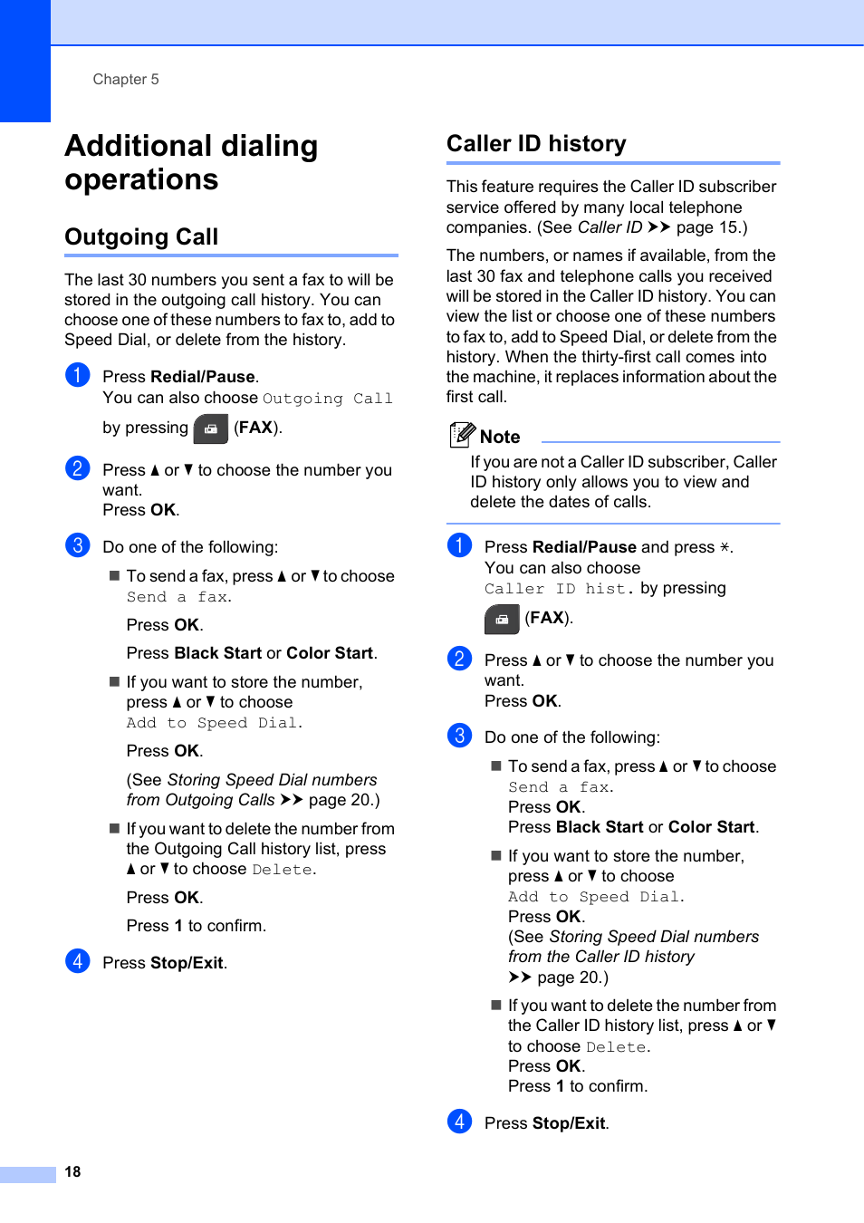 Additional dialing operations, Outgoing call, Caller id history | Outgoing call caller id history | Brother MFC-J435W User Manual | Page 22 / 47