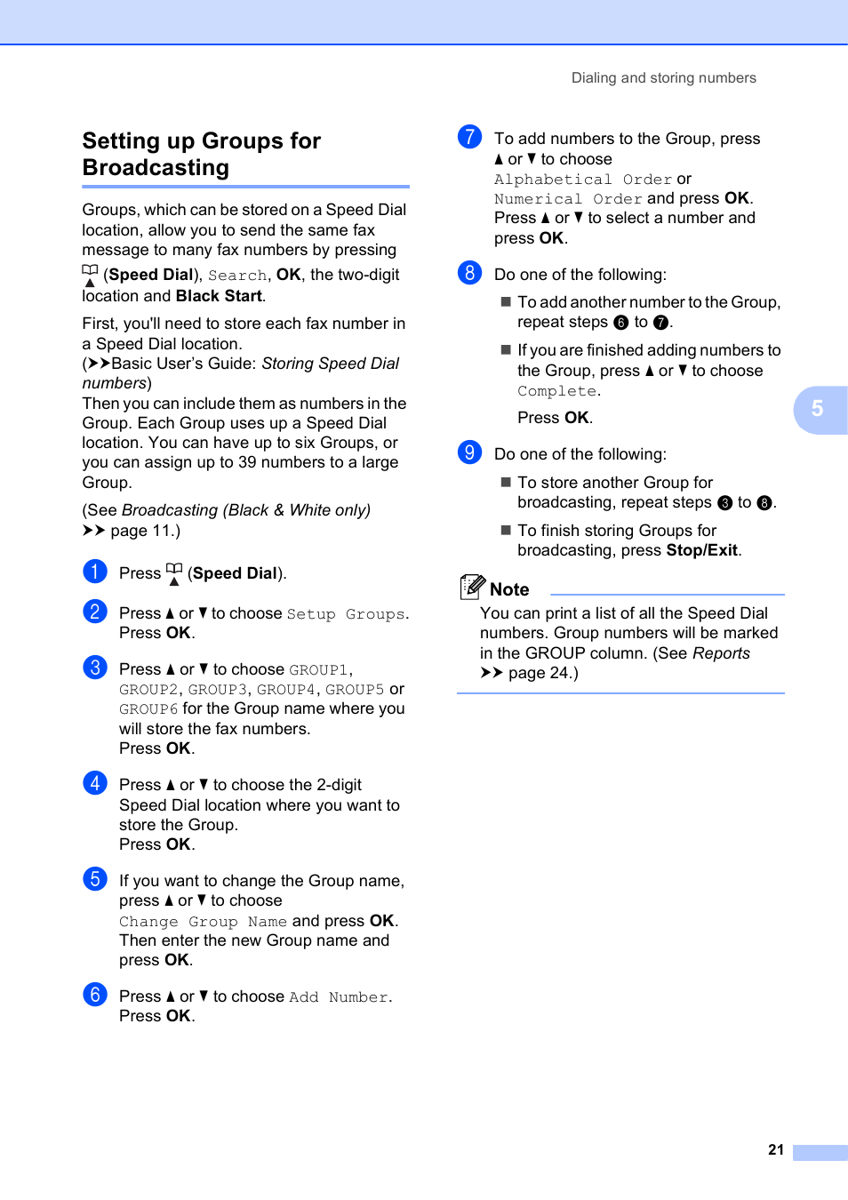 Setting up groups for broadcasting, 5setting up groups for broadcasting | Brother MFC-J435W User Manual | Page 25 / 47