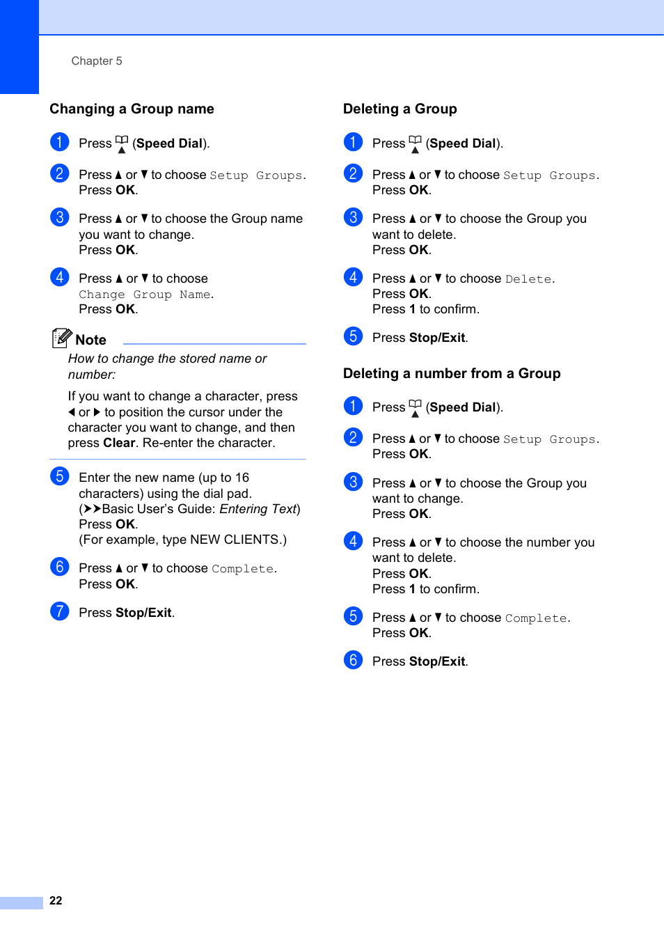 Changing a group name, Deleting a group, Deleting a number from a group | Brother MFC-J435W User Manual | Page 26 / 47