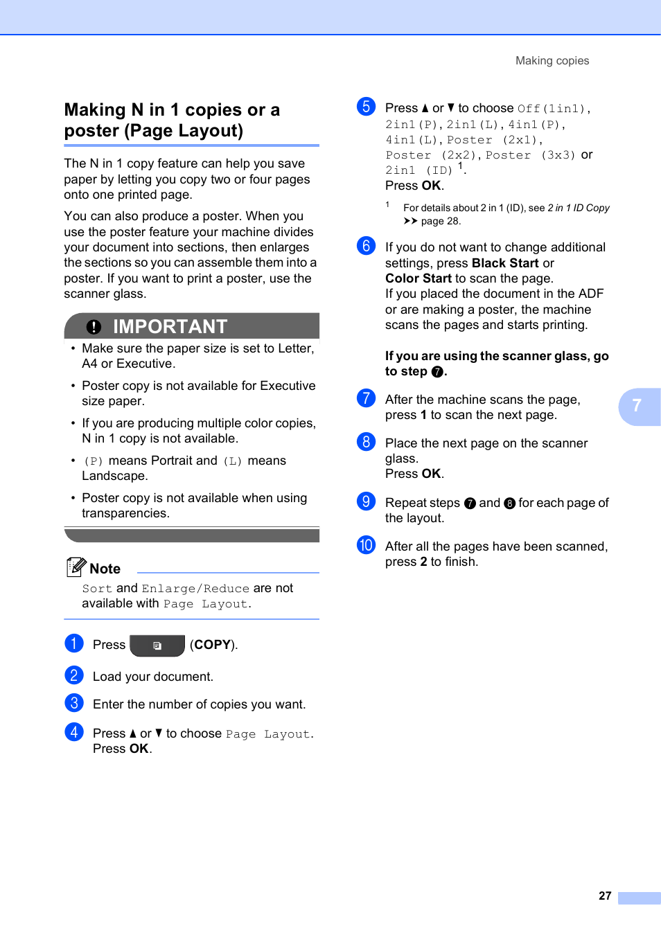 Important, 7making n in 1 copies or a poster (page layout) | Brother MFC-J435W User Manual | Page 31 / 47