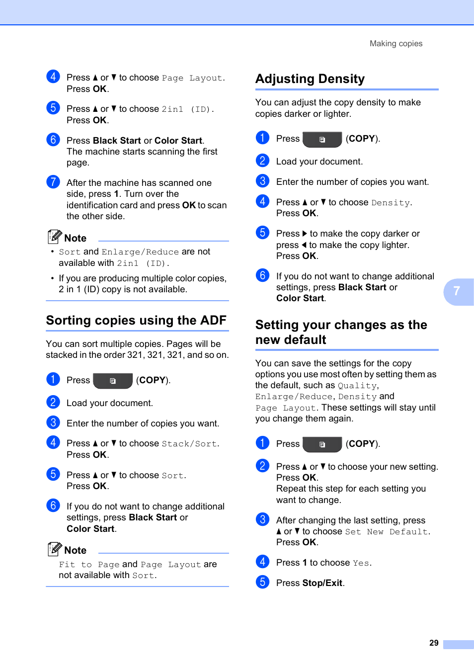 Sorting copies using the adf, Adjusting density, Setting your changes as the new default | Brother MFC-J435W User Manual | Page 33 / 47