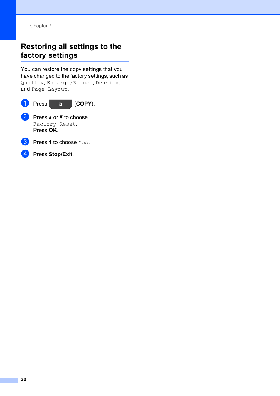 Restoring all settings to the factory settings | Brother MFC-J435W User Manual | Page 34 / 47