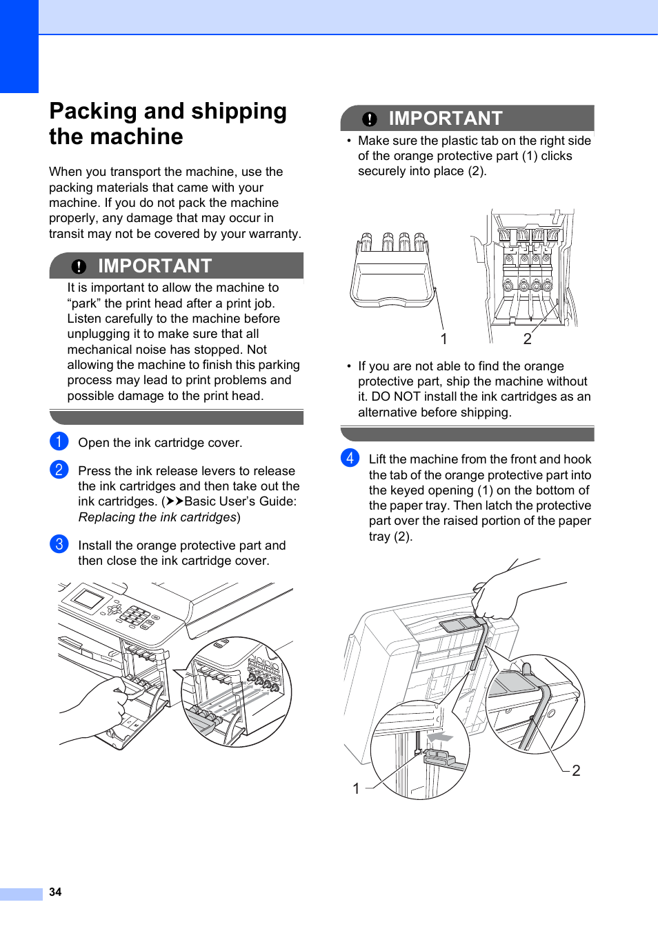 Packing and shipping the machine, Important | Brother MFC-J435W User Manual | Page 38 / 47