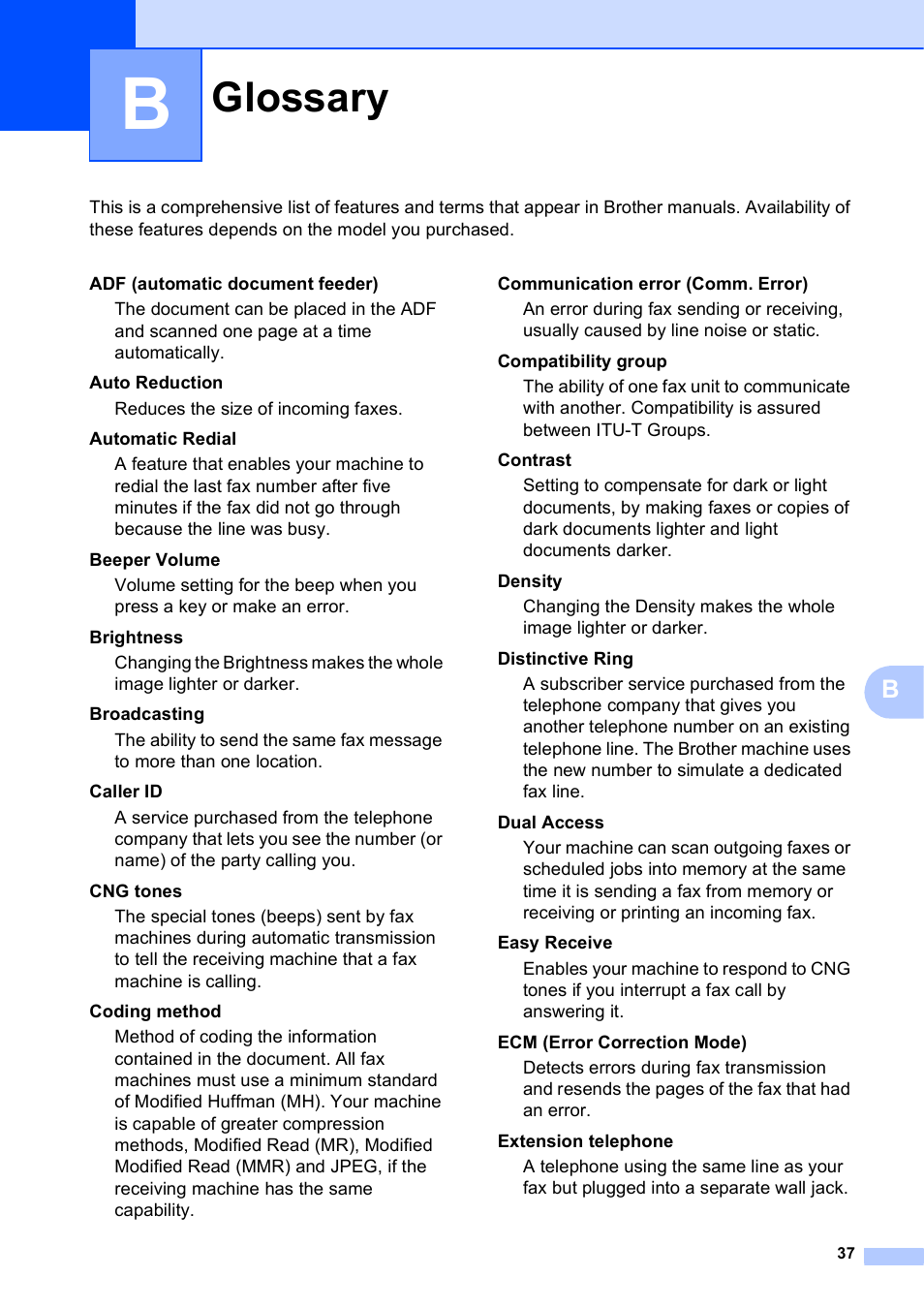 B glossary, Glossary | Brother MFC-J435W User Manual | Page 41 / 47