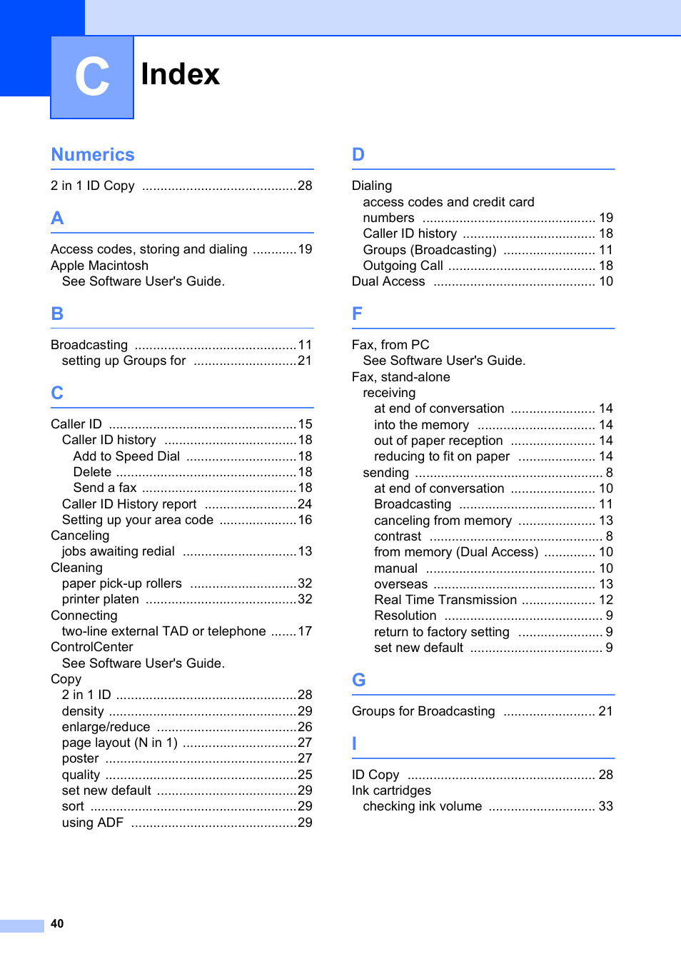 Index, Numerics | Brother MFC-J435W User Manual | Page 44 / 47