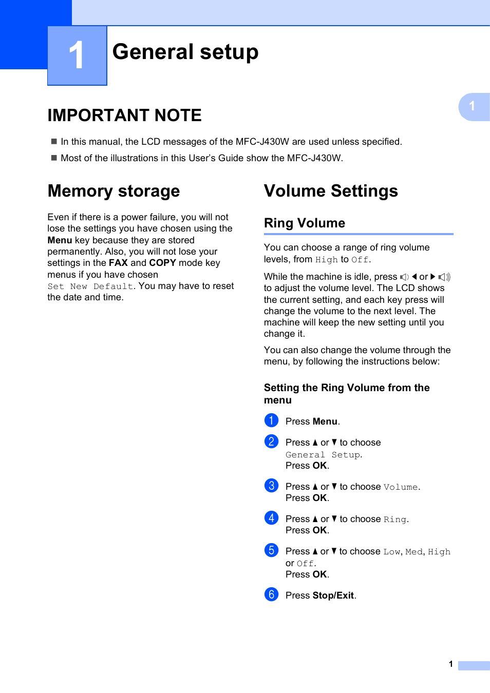 1 general setup, Important note, Memory storage | Volume settings, Ring volume, Setting the ring volume from the menu, General setup, Important note memory storage volume settings | Brother MFC-J435W User Manual | Page 5 / 47