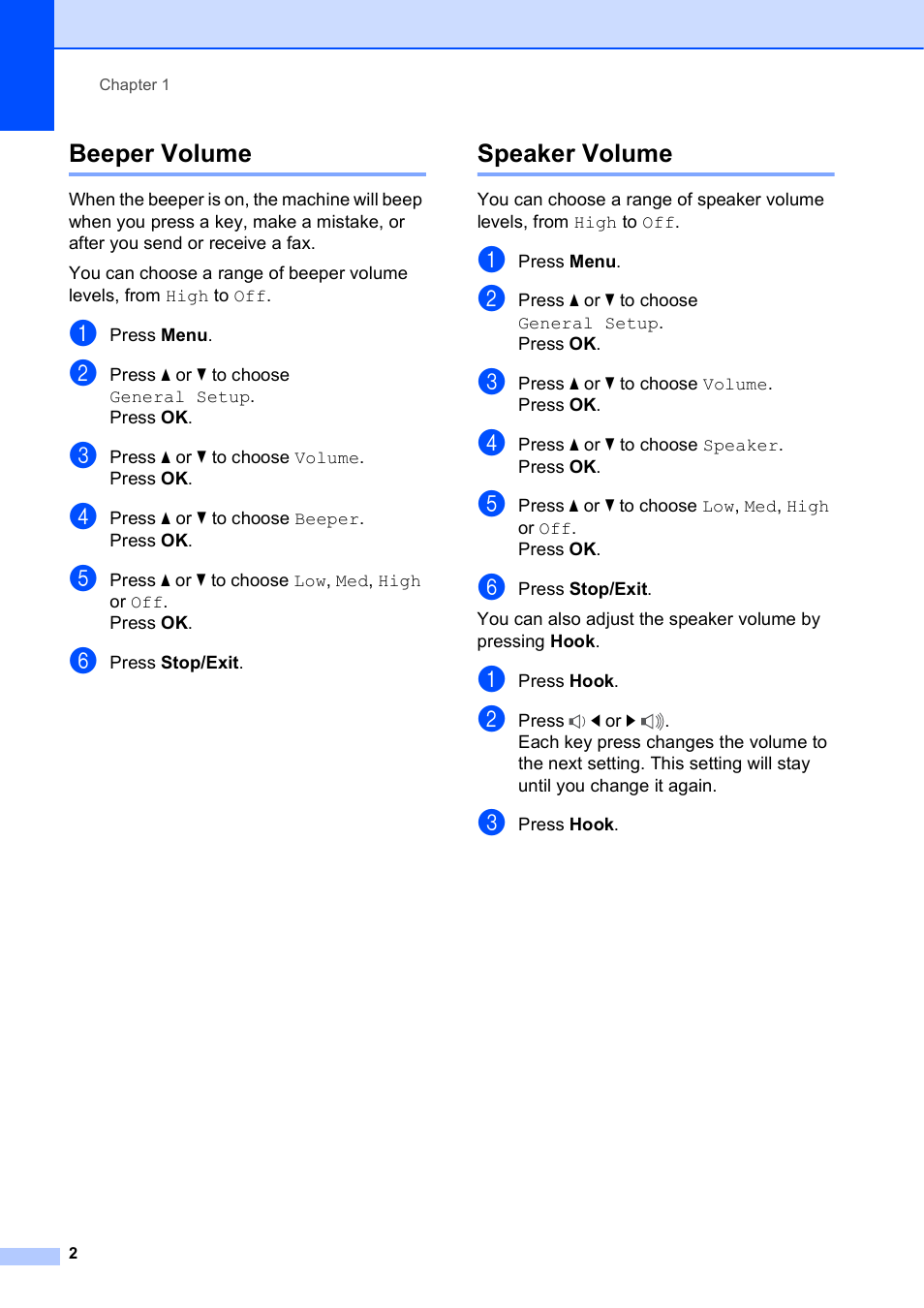 Beeper volume, Speaker volume, Beeper volume speaker volume | Brother MFC-J435W User Manual | Page 6 / 47