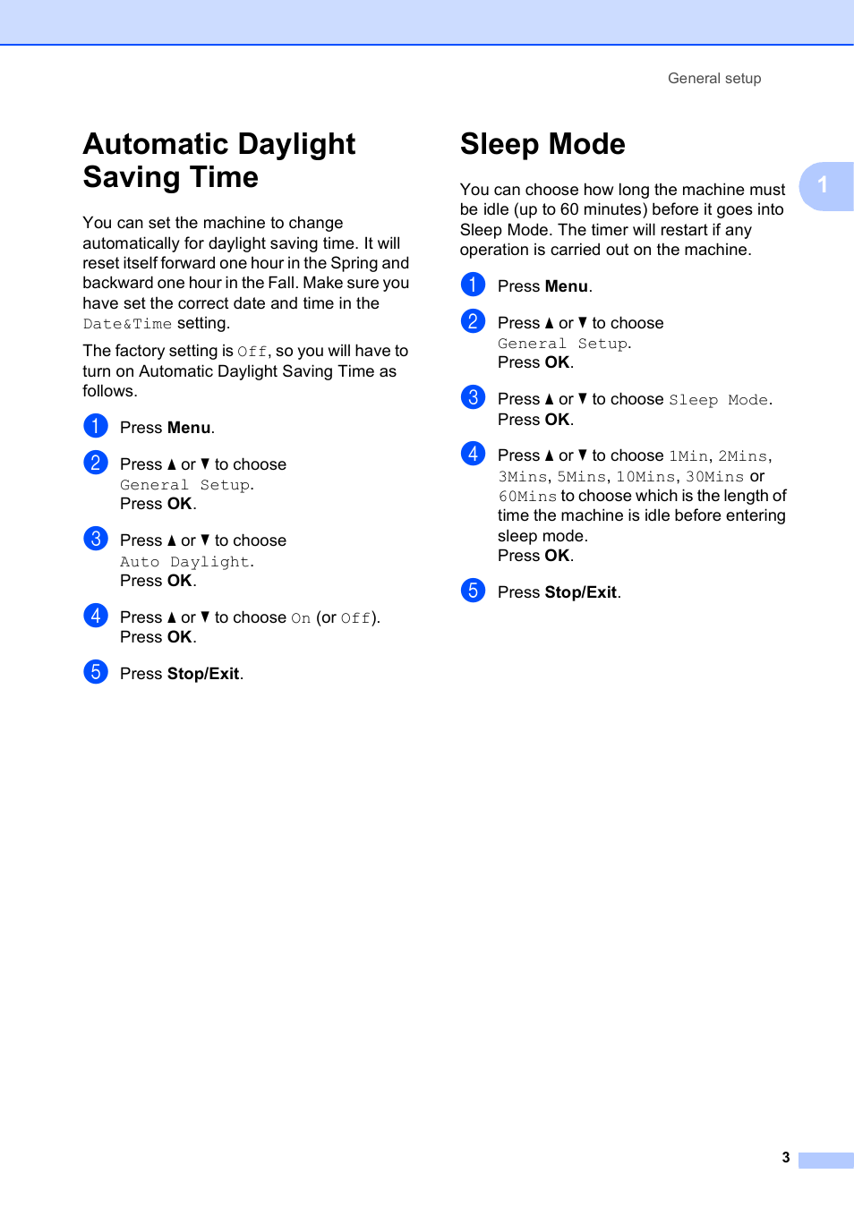 Automatic daylight saving time, Sleep mode, Automatic daylight saving time sleep mode | Brother MFC-J435W User Manual | Page 7 / 47