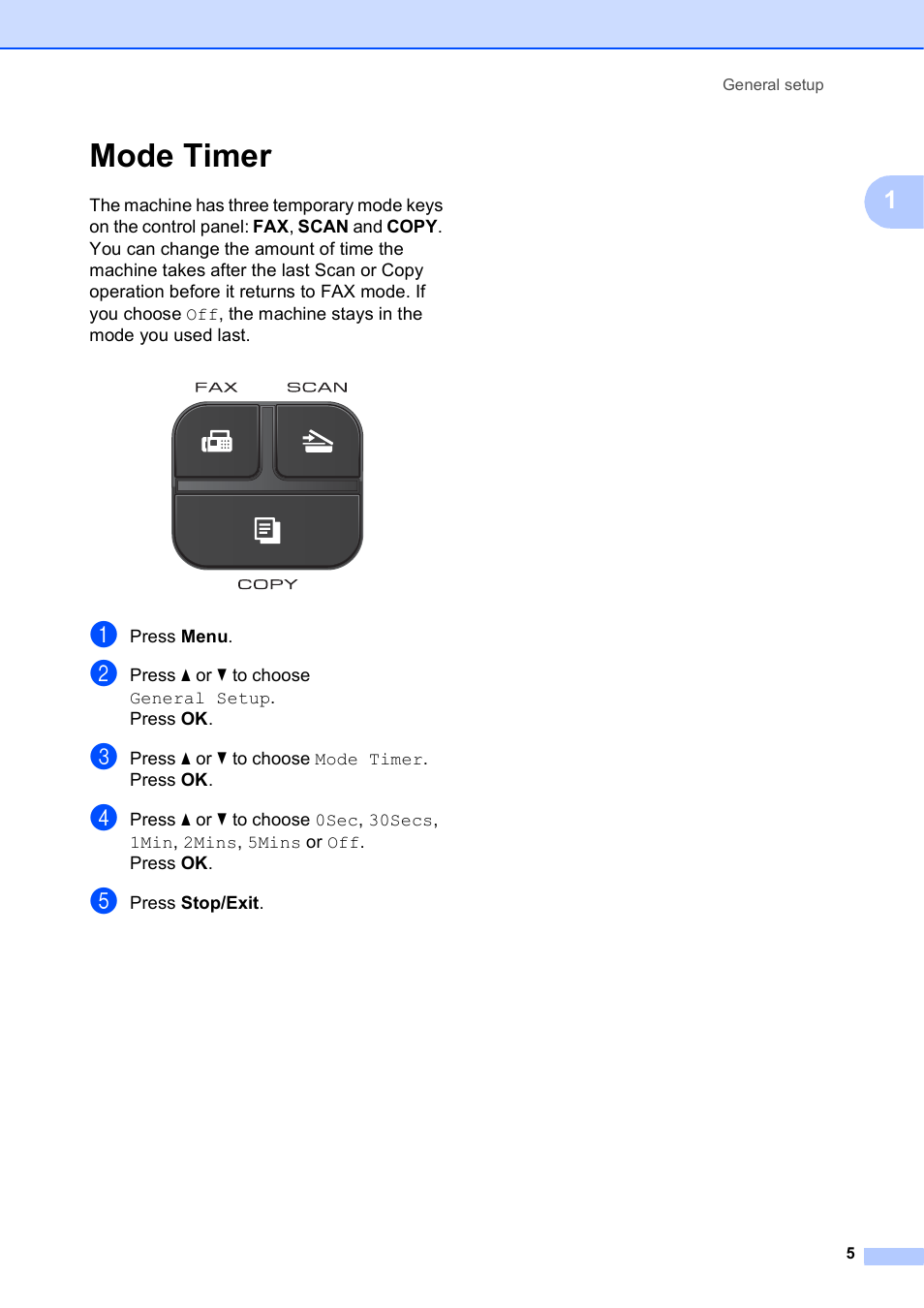 Mode timer | Brother MFC-J435W User Manual | Page 9 / 47