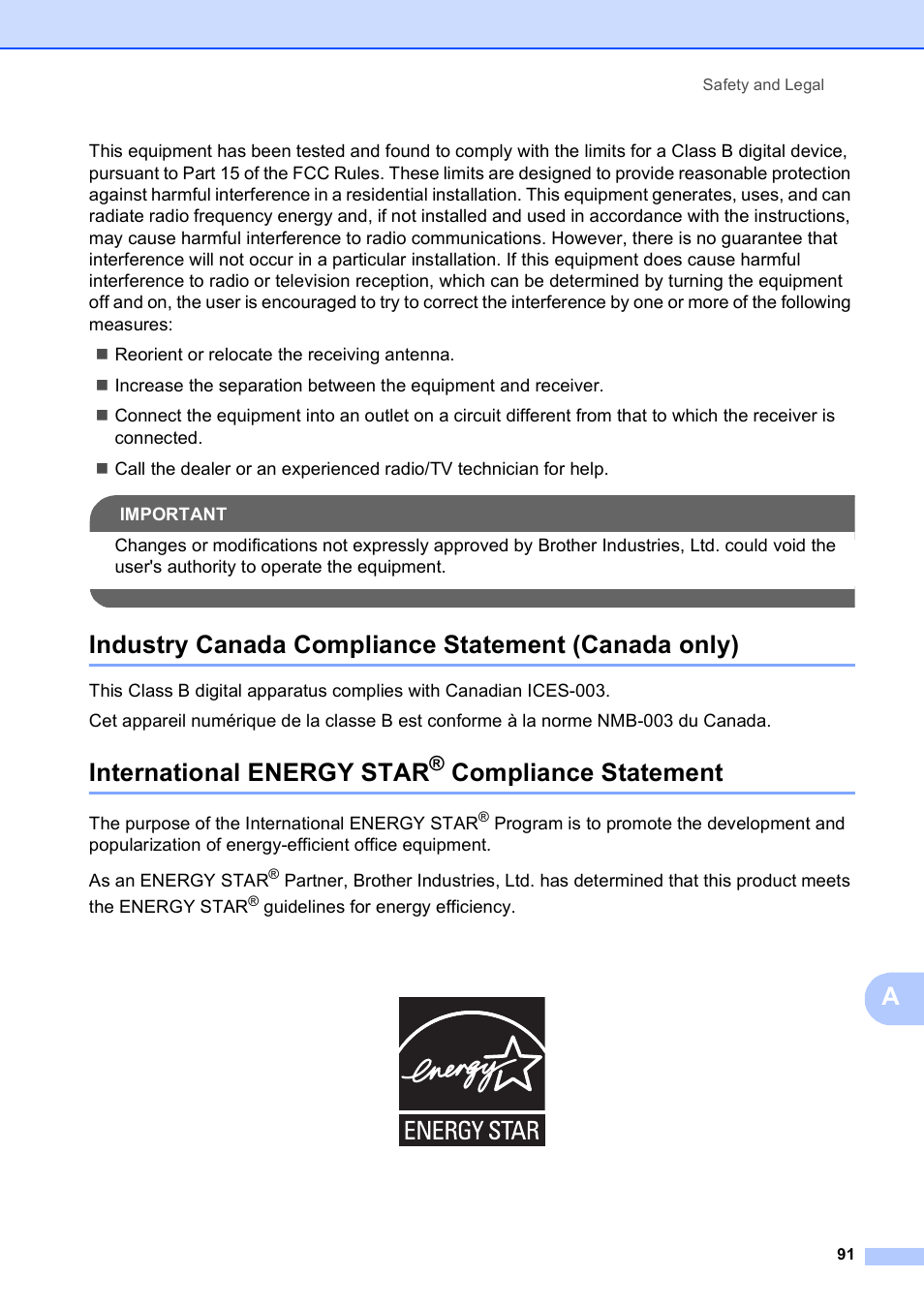 Industry canada compliance statement (canada only), International energy star® compliance statement, Compliance statement | International energy star | Brother MFC-250C User Manual | Page 105 / 168