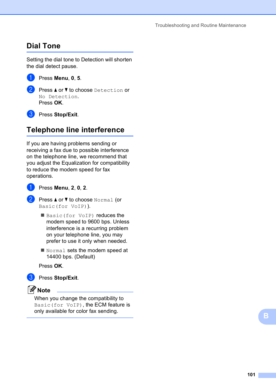 Dial tone, Telephone line interference, Dial tone telephone line interference | Bdial tone | Brother MFC-250C User Manual | Page 115 / 168