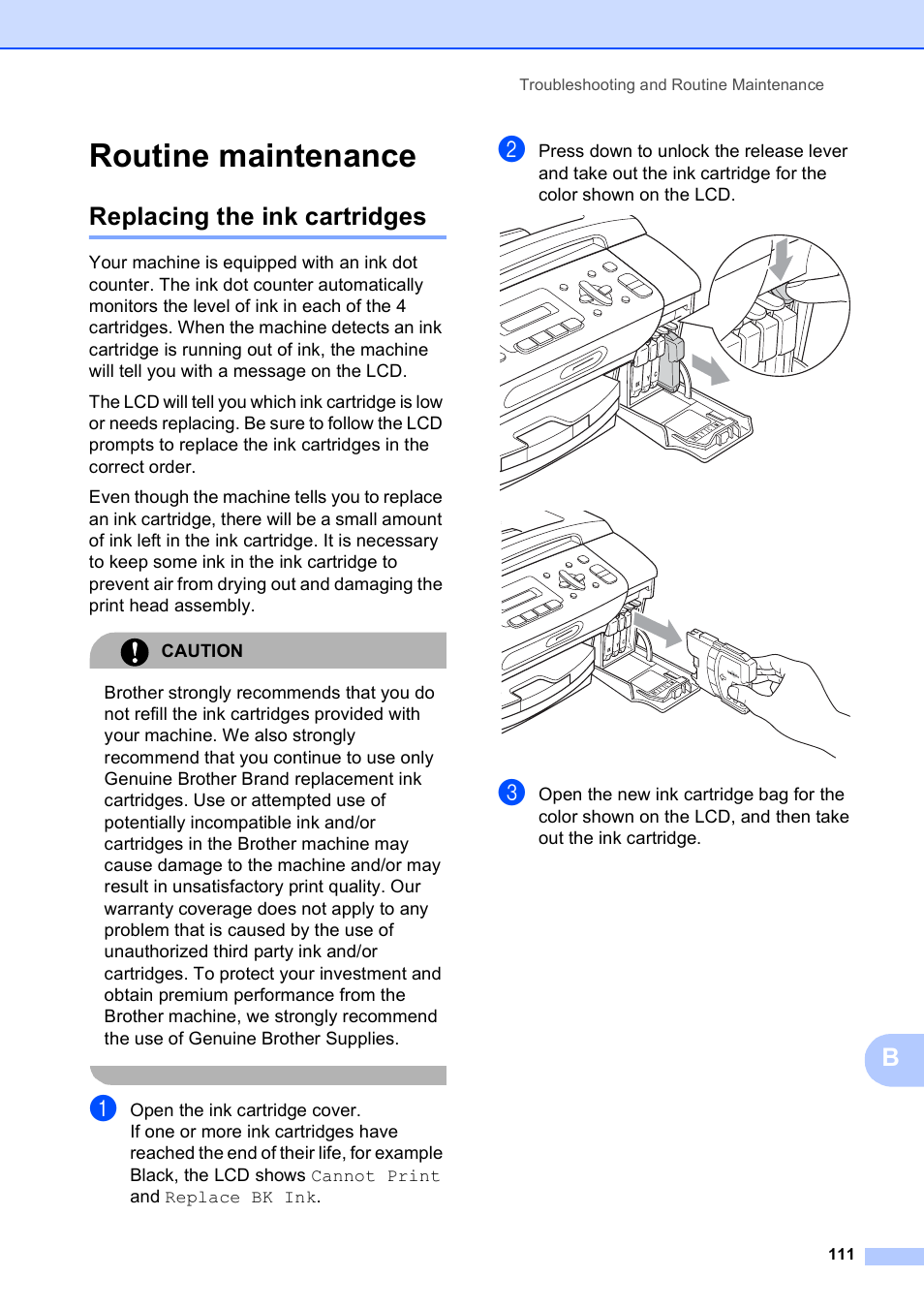 Routine maintenance, Replacing the ink cartridges | Brother MFC-250C User Manual | Page 125 / 168