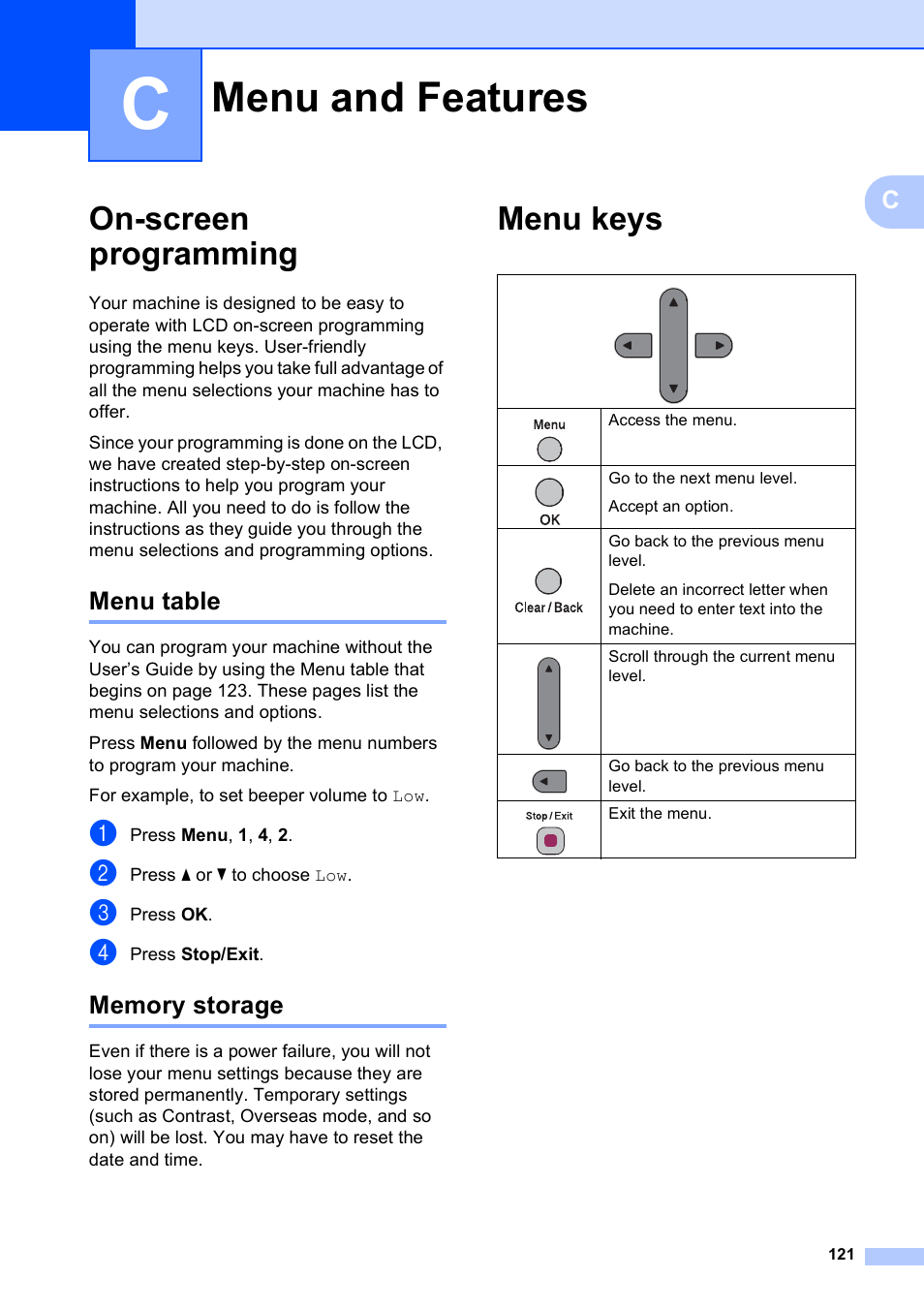 C menu and features, On-screen programming, Menu table | Memory storage, Menu keys, Menu and features, Menu table memory storage | Brother MFC-250C User Manual | Page 135 / 168