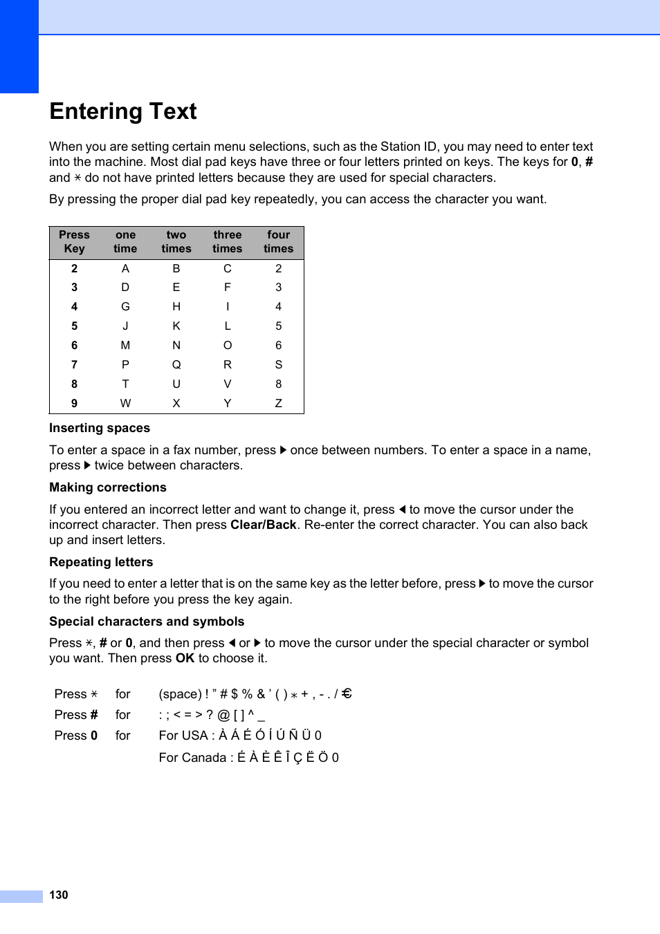 Entering text | Brother MFC-250C User Manual | Page 144 / 168