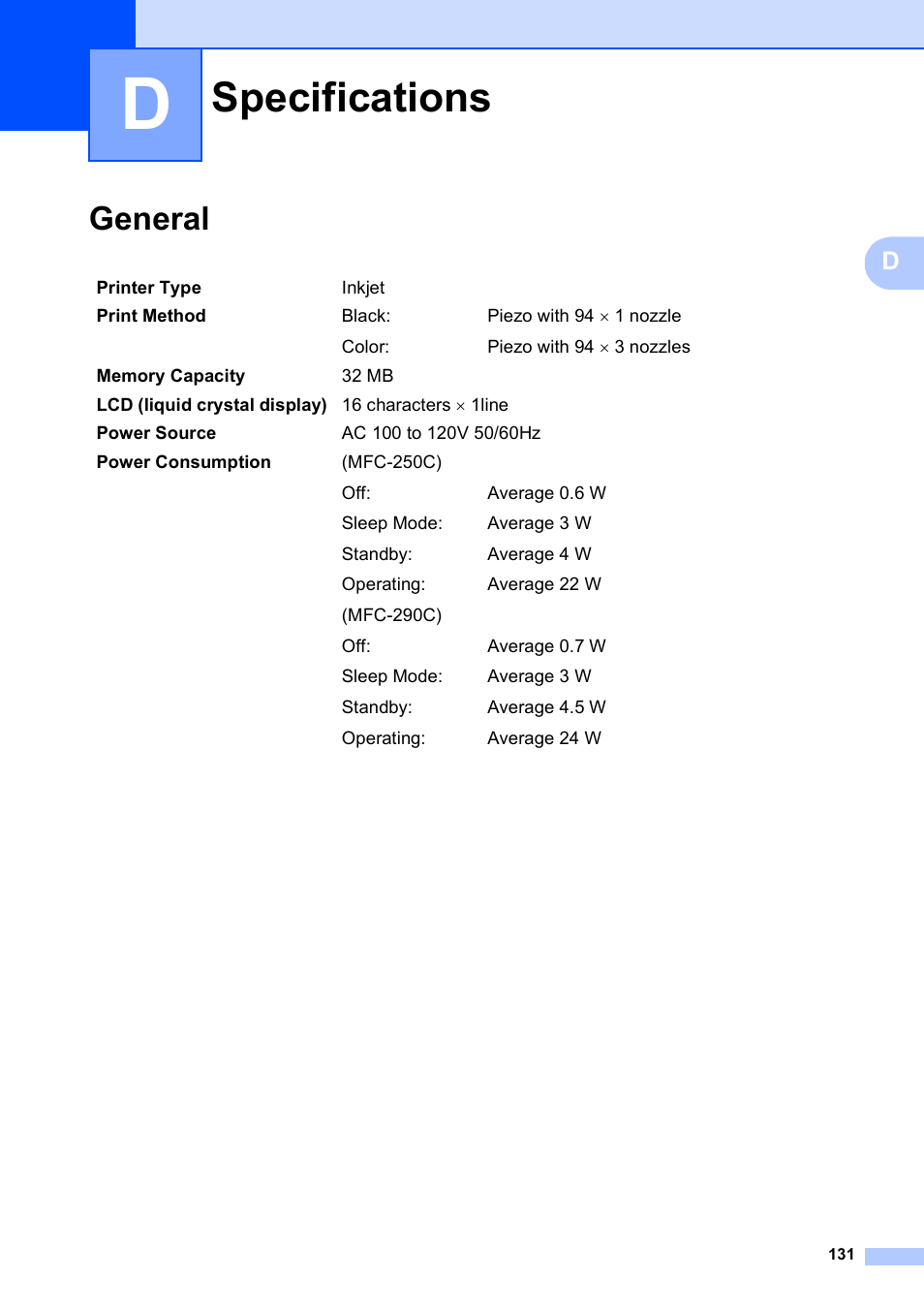 D specifications, General, Specifications | Brother MFC-250C User Manual | Page 145 / 168