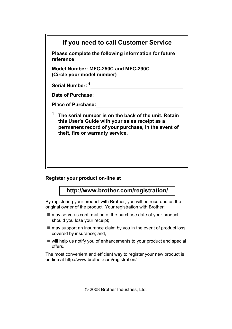 If you need to call customer service | Brother MFC-250C User Manual | Page 2 / 168