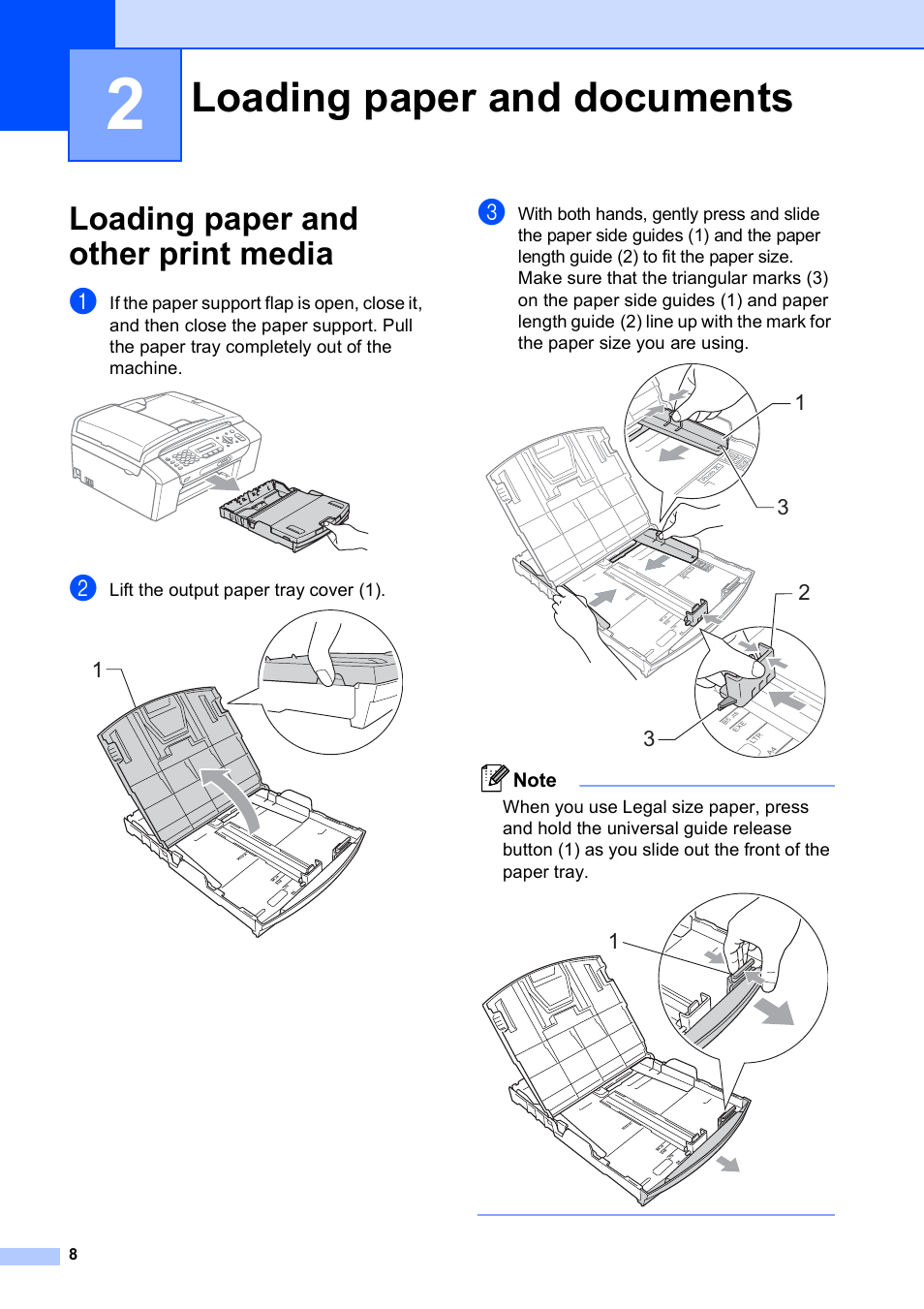 2 loading paper and documents, Loading paper and other print media, Loading paper and documents | Brother MFC-250C User Manual | Page 22 / 168