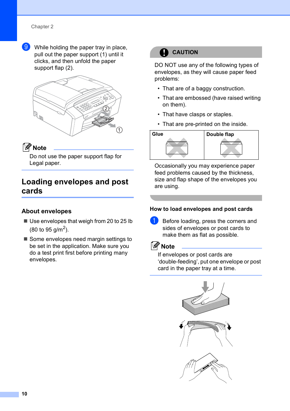 Loading envelopes and post cards, About envelopes, Do not use the paper support flap for legal paper | How to load envelopes and post cards | Brother MFC-250C User Manual | Page 24 / 168