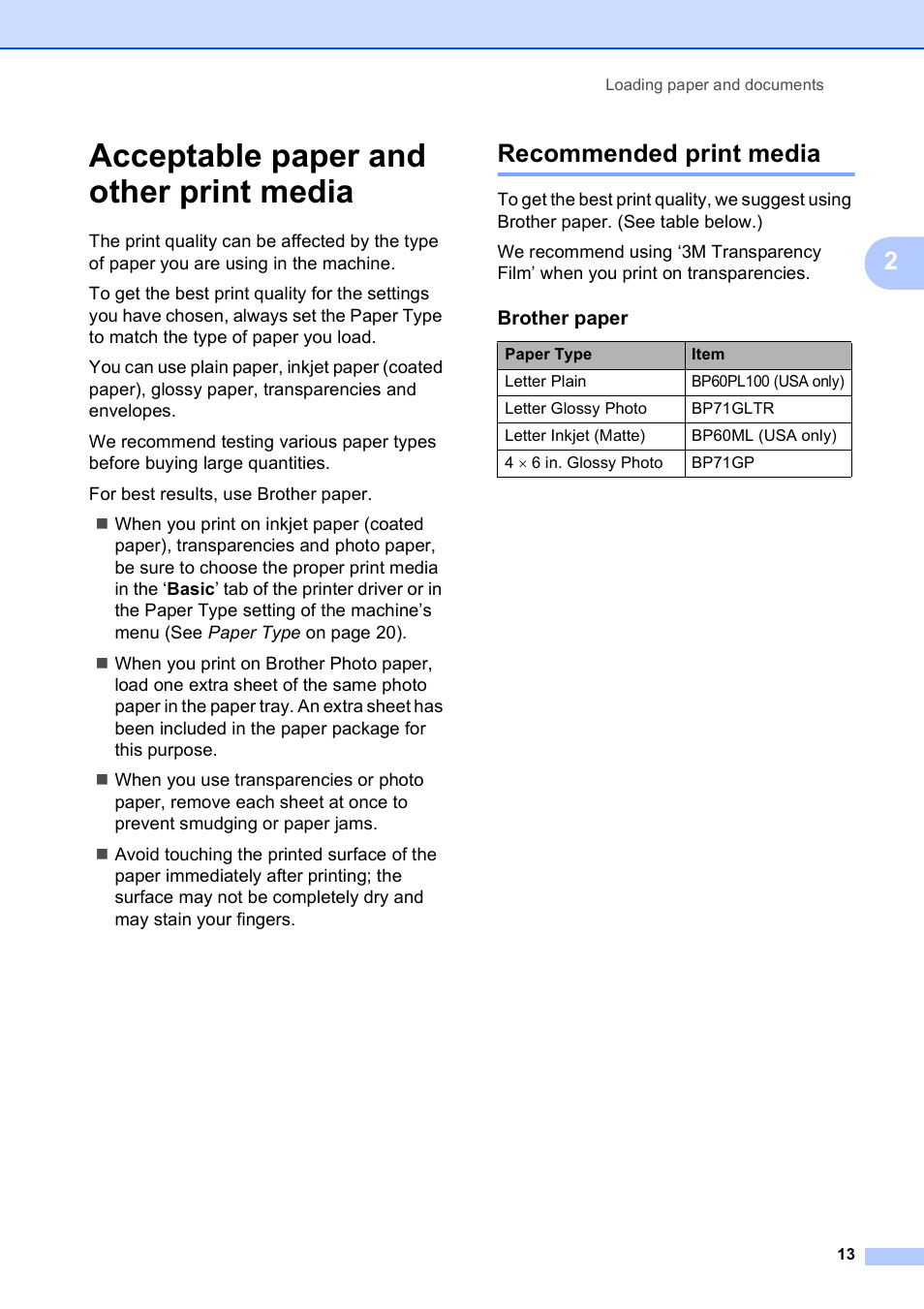 Acceptable paper and other print media, Recommended print media | Brother MFC-250C User Manual | Page 27 / 168