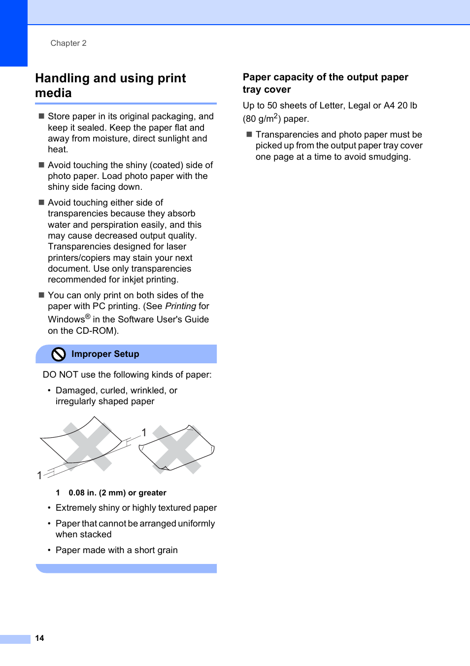 Handling and using print media, Paper capacity of the output paper tray cover | Brother MFC-250C User Manual | Page 28 / 168