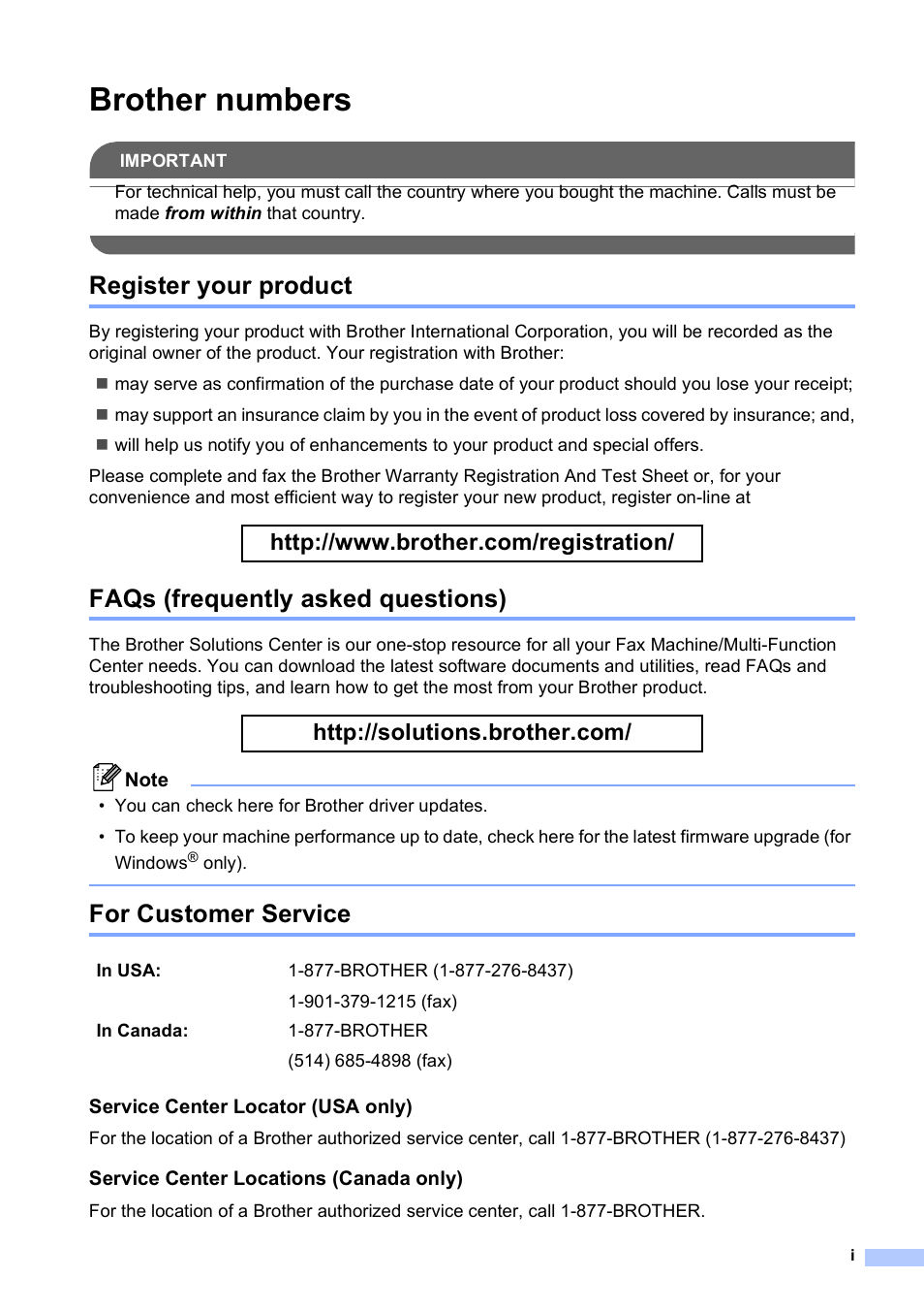 Brother numbers, Register your product, Faqs (frequently asked questions) | For customer service | Brother MFC-250C User Manual | Page 3 / 168