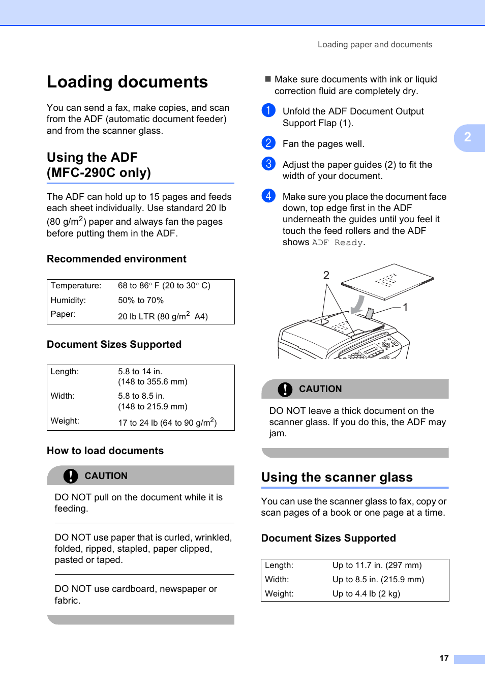 Loading documents, Using the adf (mfc-290c only), Recommended environment | Document sizes supported, How to load documents, Using the scanner glass | Brother MFC-250C User Manual | Page 31 / 168