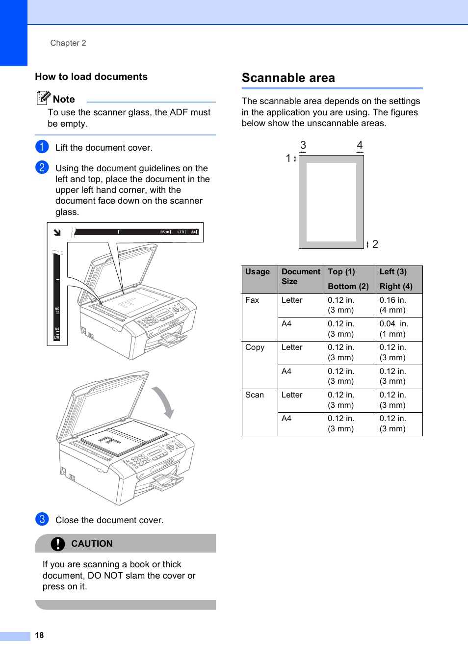 How to load documents, Scannable area | Brother MFC-250C User Manual | Page 32 / 168