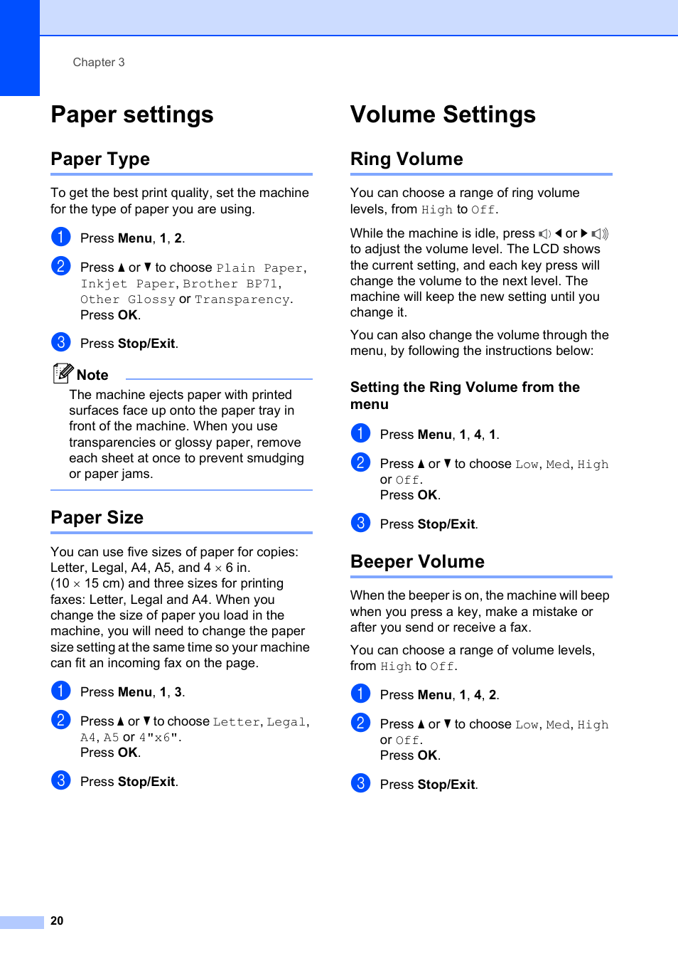 Paper settings, Paper type, Paper size | Volume settings, Ring volume, Setting the ring volume from the menu, Beeper volume, Paper type paper size, Ring volume beeper volume | Brother MFC-250C User Manual | Page 34 / 168