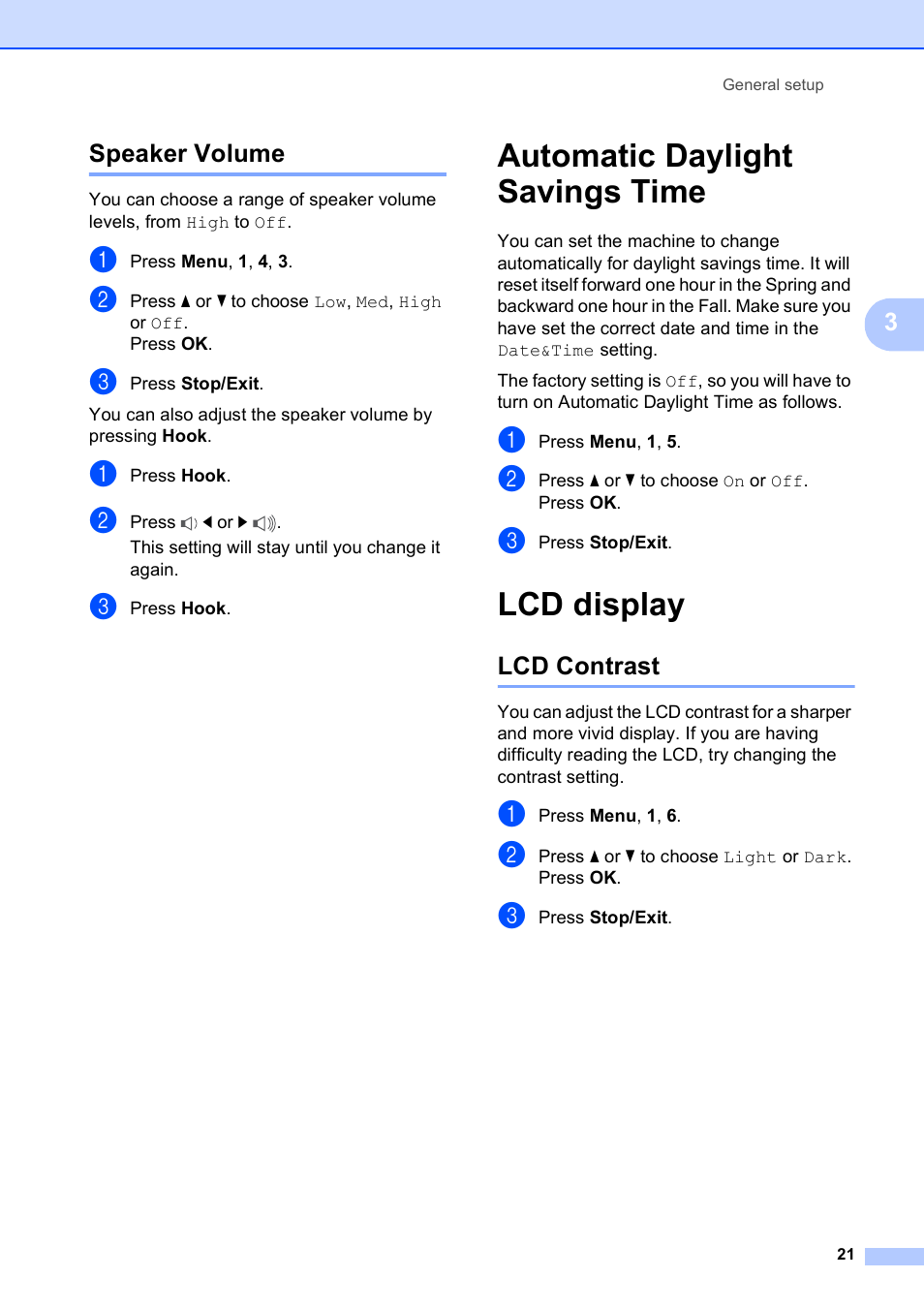Speaker volume, Automatic daylight savings time, Lcd display | Lcd contrast, Automatic daylight savings time lcd display, 3speaker volume | Brother MFC-250C User Manual | Page 35 / 168