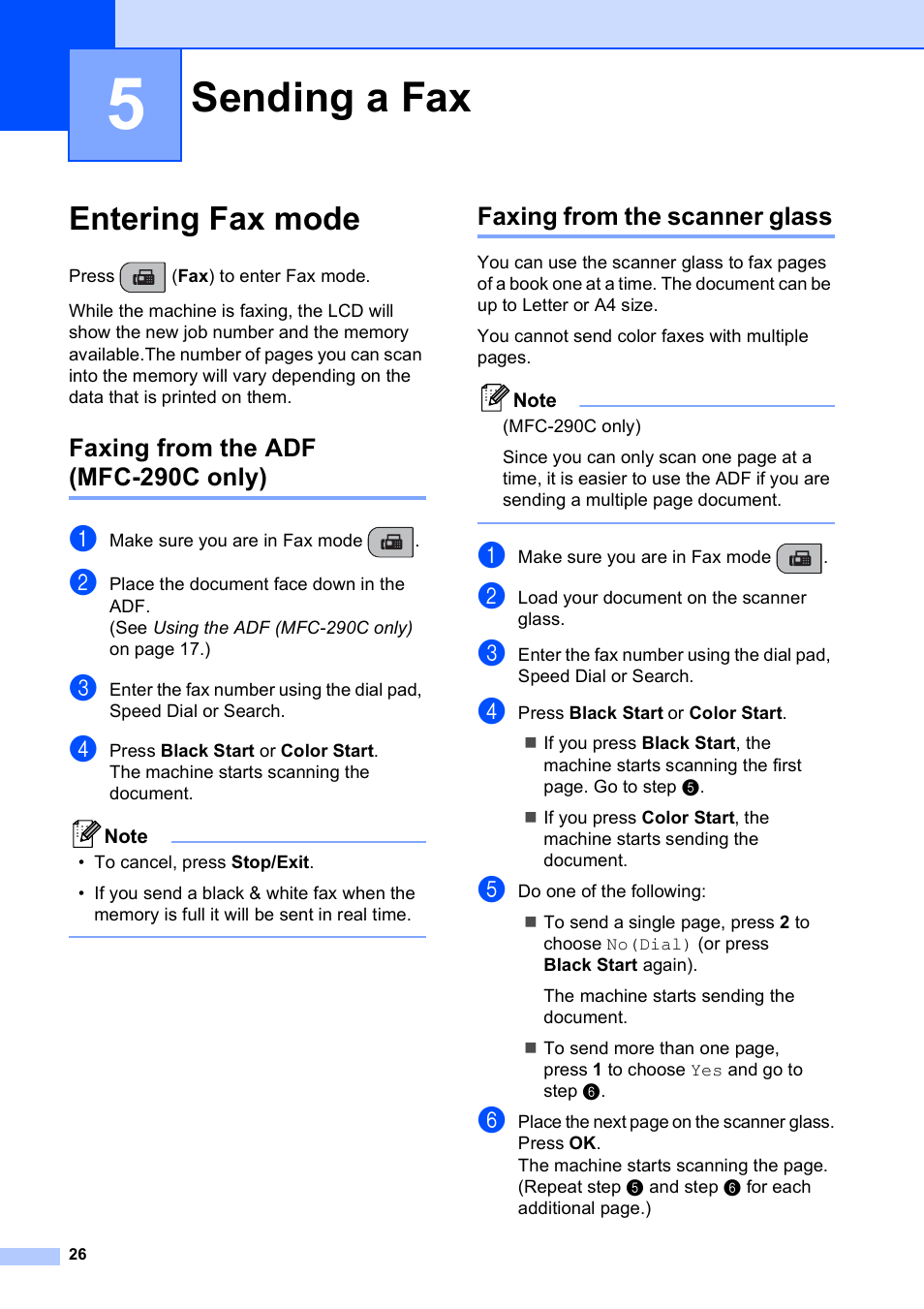 5 sending a fax, Entering fax mode, Faxing from the adf (mfc-290c only) | Faxing from the scanner glass, Sending a fax | Brother MFC-250C User Manual | Page 40 / 168