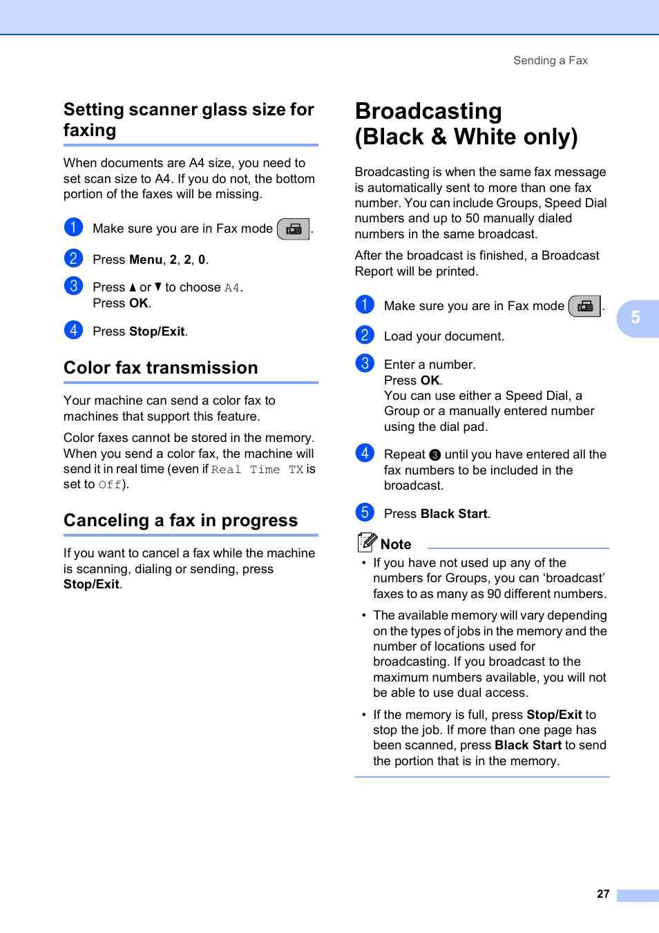 Setting scanner glass size for faxing, Color fax transmission, Canceling a fax in progress | Broadcasting (black & white only), 5setting scanner glass size for faxing | Brother MFC-250C User Manual | Page 41 / 168