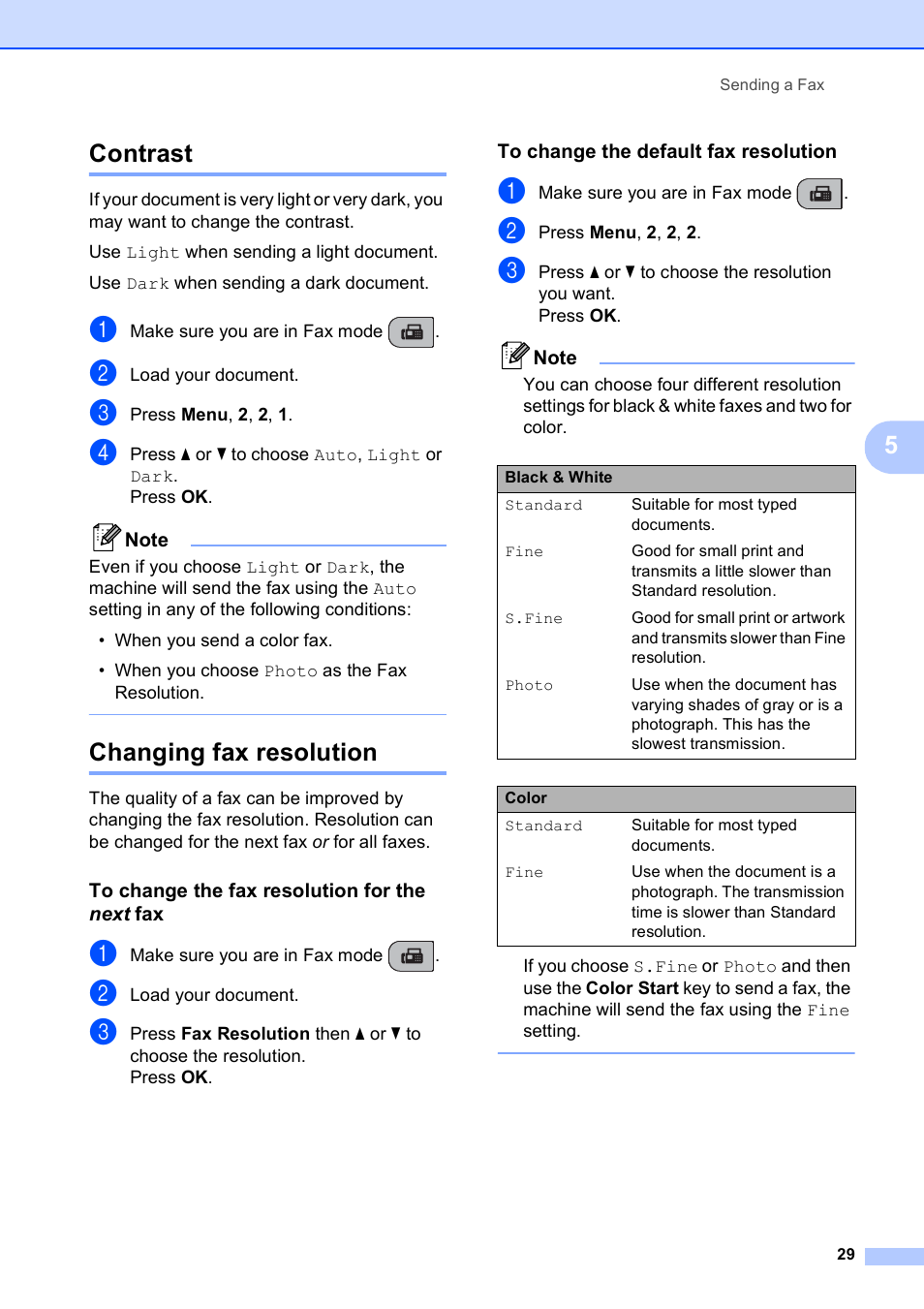 Contrast, Changing fax resolution, To change the fax resolution for the next fax | To change the default fax resolution, Contrast changing fax resolution, 5contrast | Brother MFC-250C User Manual | Page 43 / 168