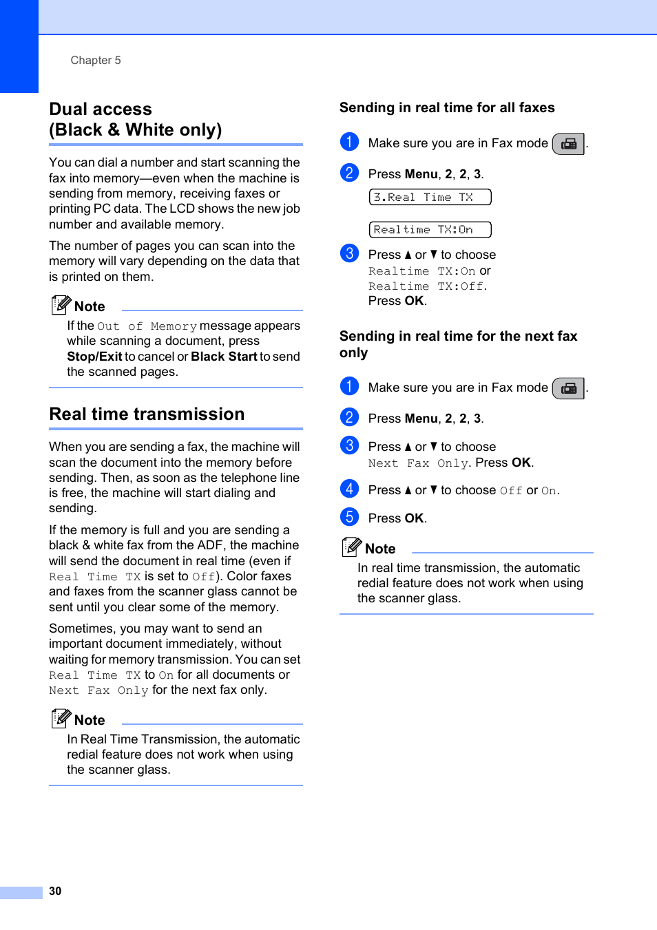 Dual access (black & white only), Real time transmission, Sending in real time for all faxes | Sending in real time for the next fax only | Brother MFC-250C User Manual | Page 44 / 168