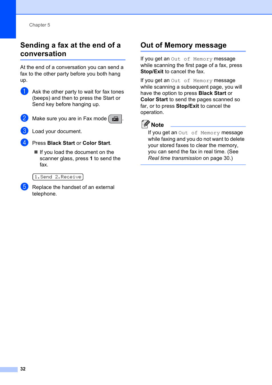 Sending a fax at the end of a conversation, Out of memory message | Brother MFC-250C User Manual | Page 46 / 168