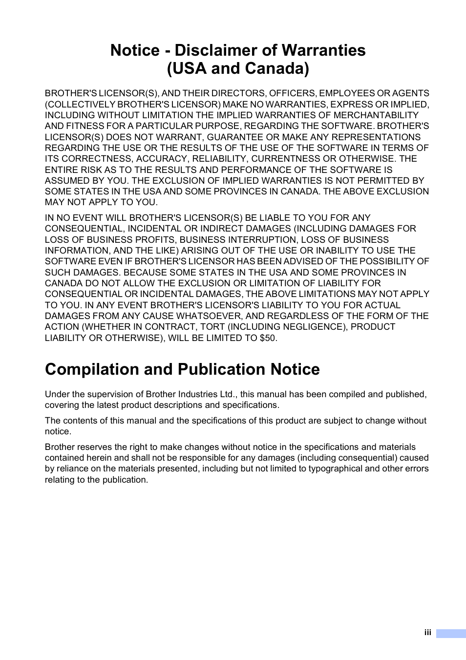 Notice - disclaimer of warranties (usa and canada), Compilation and publication notice | Brother MFC-250C User Manual | Page 5 / 168