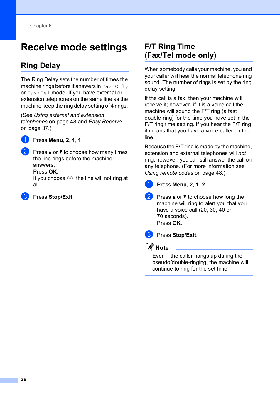 Receive mode settings, Ring delay, F/t ring time (fax/tel mode only) | Ring delay f/t ring time (fax/tel mode only) | Brother MFC-250C User Manual | Page 50 / 168