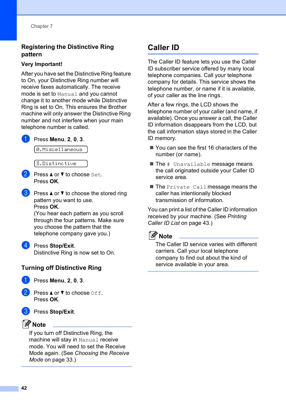 Registering the distinctive ring pattern, Turning off distinctive ring, Caller id | Brother MFC-250C User Manual | Page 56 / 168