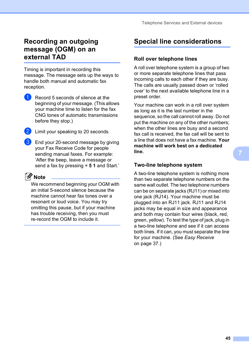 Special line considerations, Roll over telephone lines, Two-line telephone system | Brother MFC-250C User Manual | Page 59 / 168