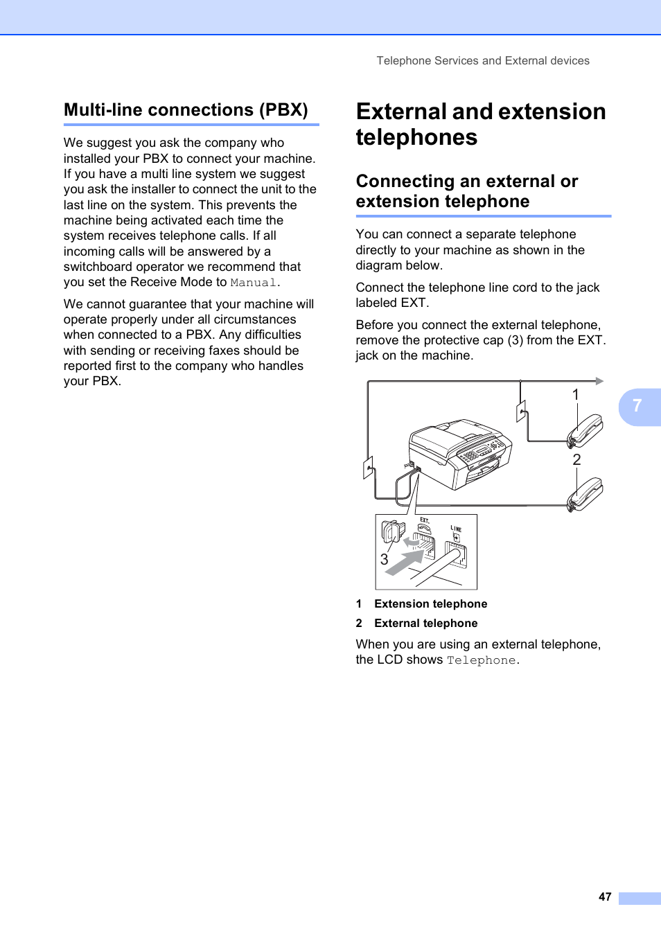 Multi-line connections (pbx), External and extension telephones, Connecting an external or extension telephone | 7multi-line connections (pbx) | Brother MFC-250C User Manual | Page 61 / 168