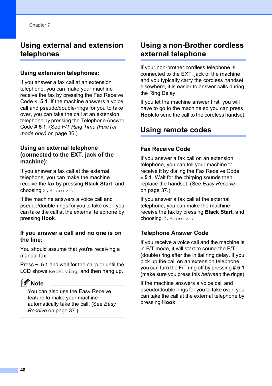 Using external and extension telephones, Using extension telephones, If you answer a call and no one is on the line | Using a non-brother cordless external telephone, Using remote codes, Fax receive code, Telephone answer code | Brother MFC-250C User Manual | Page 62 / 168