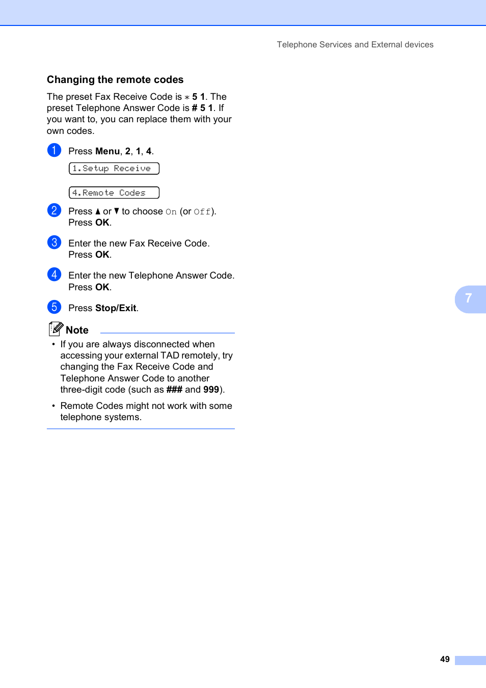 Changing the remote codes | Brother MFC-250C User Manual | Page 63 / 168