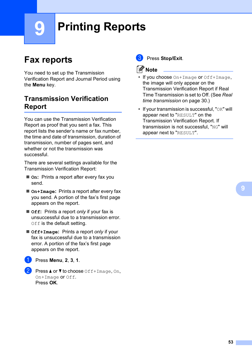 9 printing reports, Fax reports, Transmission verification report | Printing reports | Brother MFC-250C User Manual | Page 67 / 168