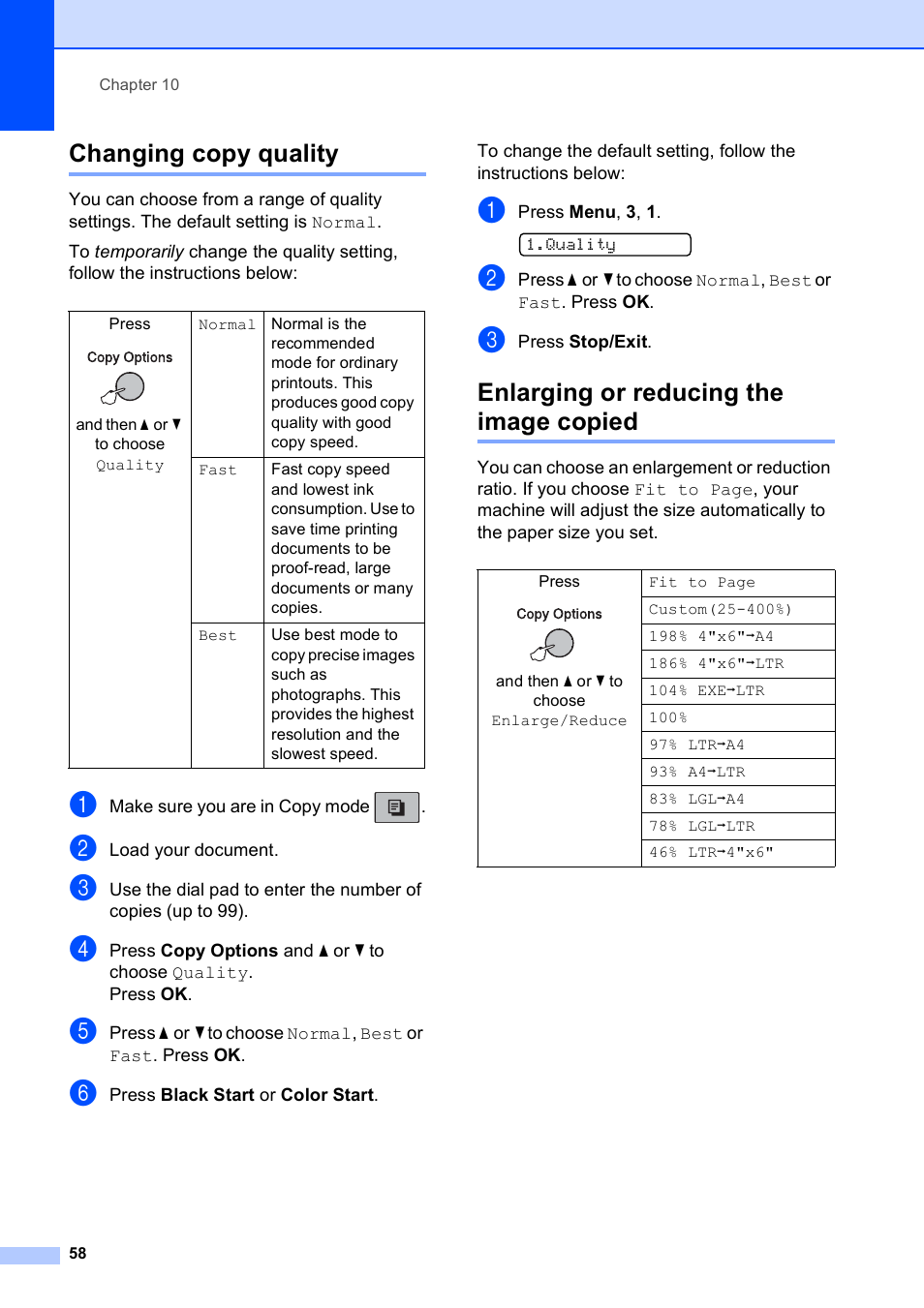 Changing copy quality, Enlarging or reducing the image copied | Brother MFC-250C User Manual | Page 72 / 168