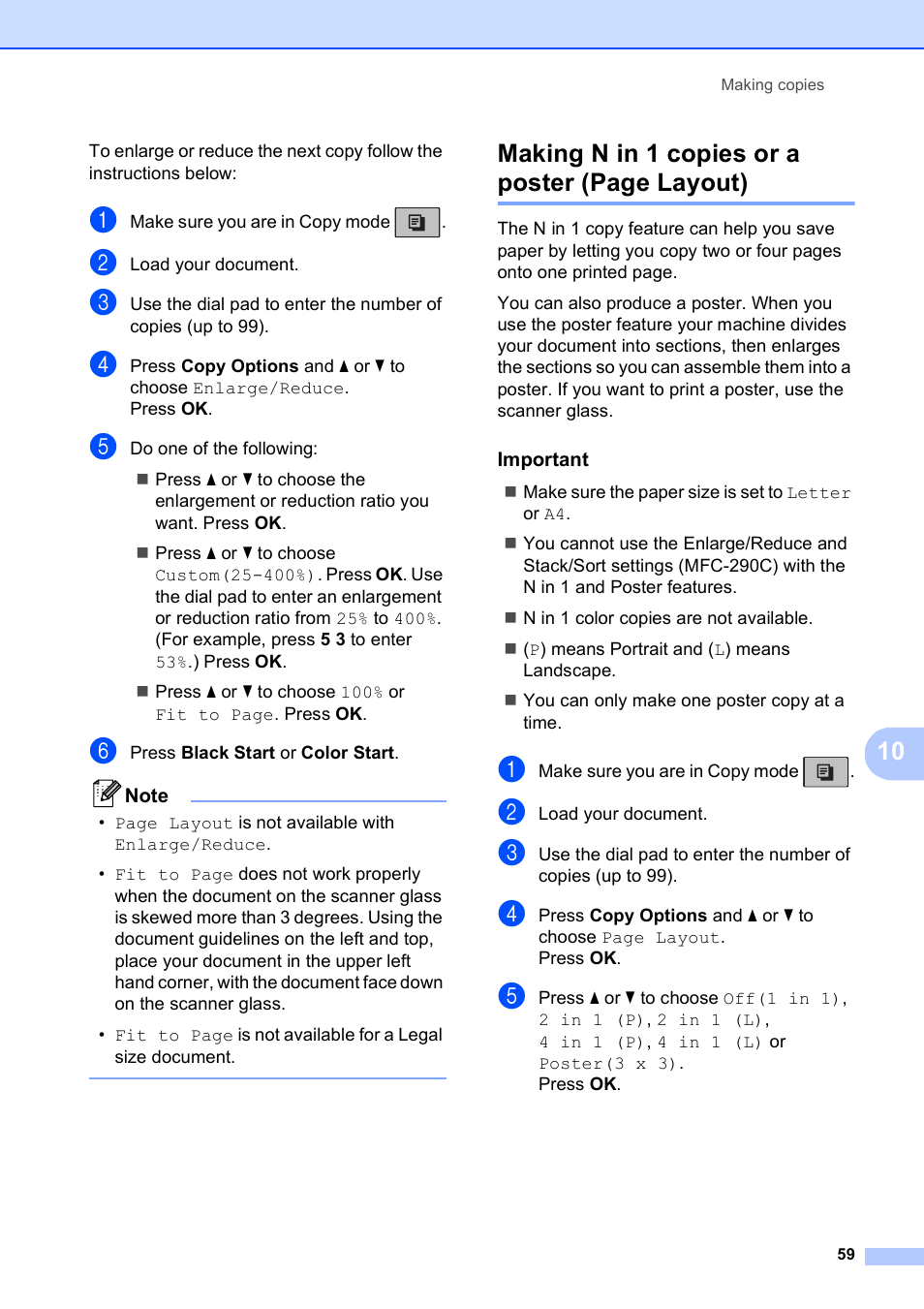 Important, Making n in 1 copies or a poster (page layout) | Brother MFC-250C User Manual | Page 73 / 168
