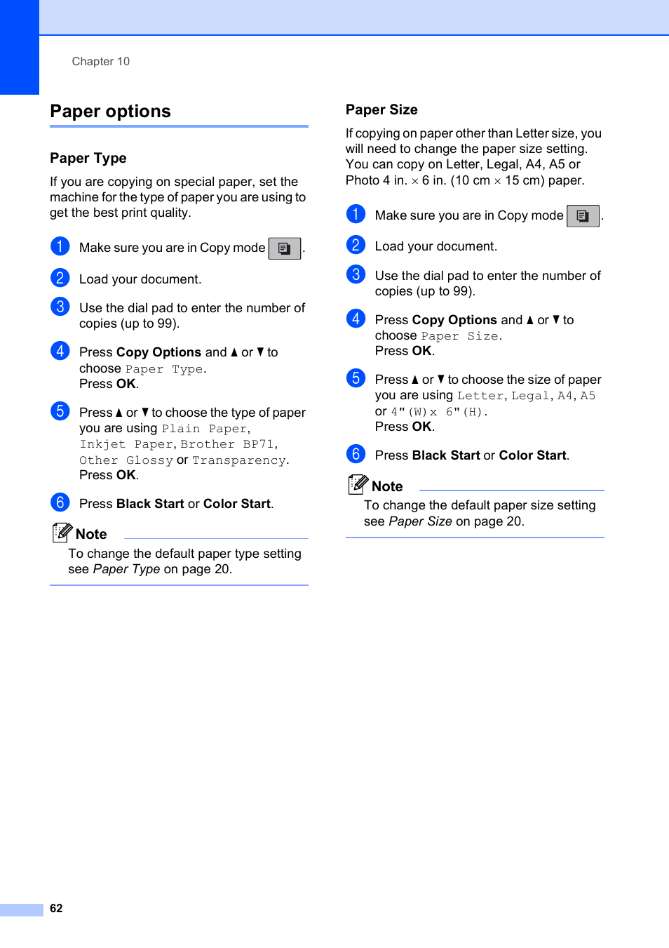 Paper options, Paper type, Paper size | Brother MFC-250C User Manual | Page 76 / 168