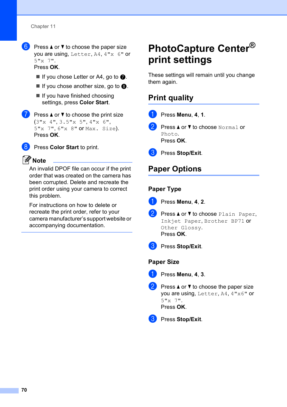 Photocapture center® print settings, Print quality, Paper options | Paper type, Paper size, Photocapture center, Print settings, Print quality paper options | Brother MFC-250C User Manual | Page 84 / 168