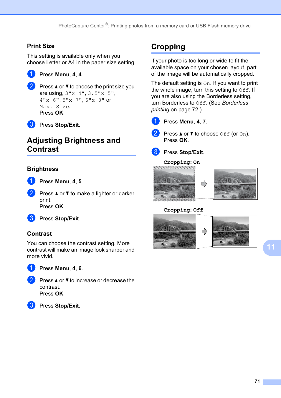 Print size, Adjusting brightness and contrast, Brightness | Contrast, Cropping, Adjusting brightness and contrast cropping | Brother MFC-250C User Manual | Page 85 / 168