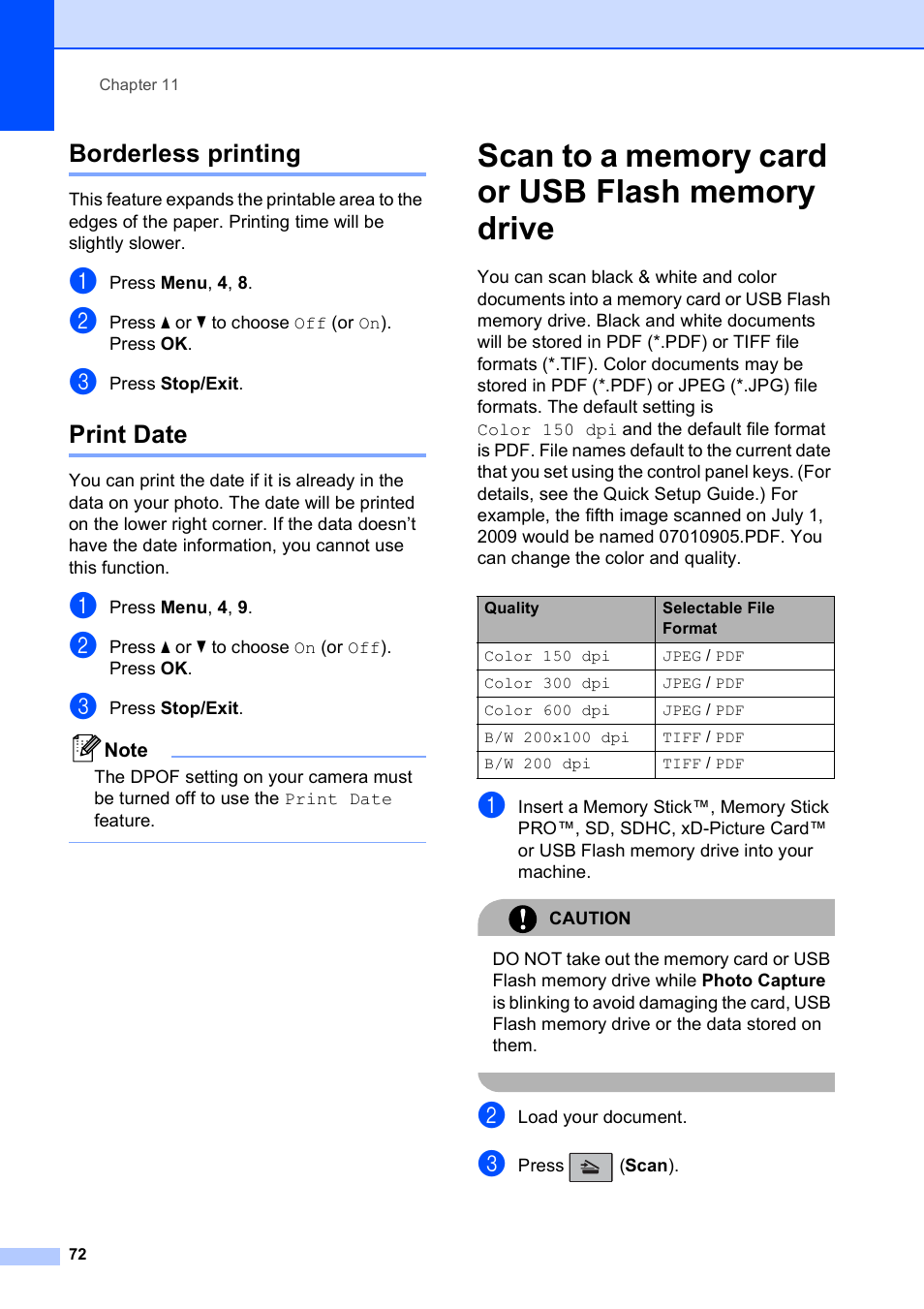 Borderless printing, Print date, Scan to a memory card or usb flash memory drive | Borderless printing print date | Brother MFC-250C User Manual | Page 86 / 168